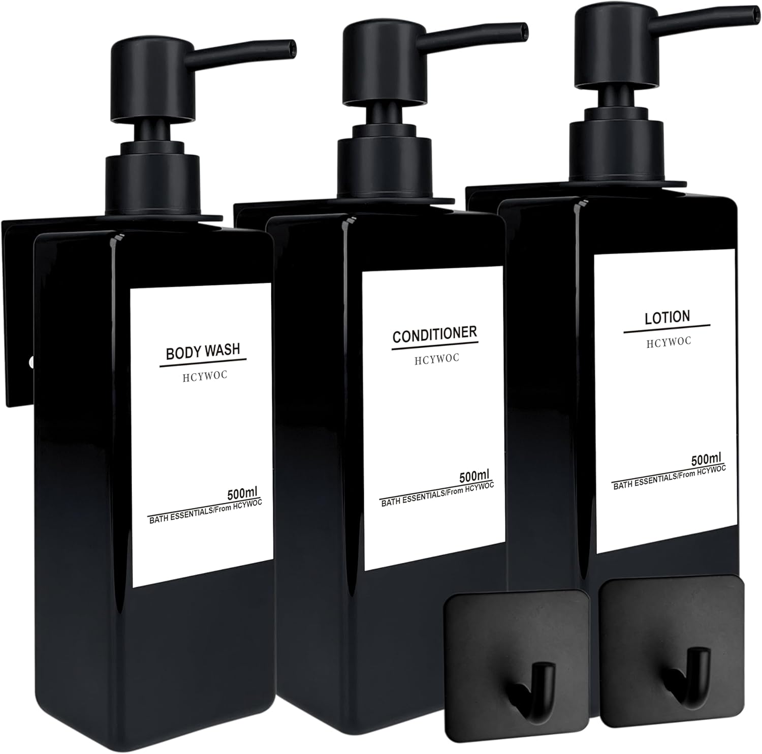 Wall-Mounted 3-Chamber Shampoo Dispenser, 16 Labels, No Drill, 17oz, Black