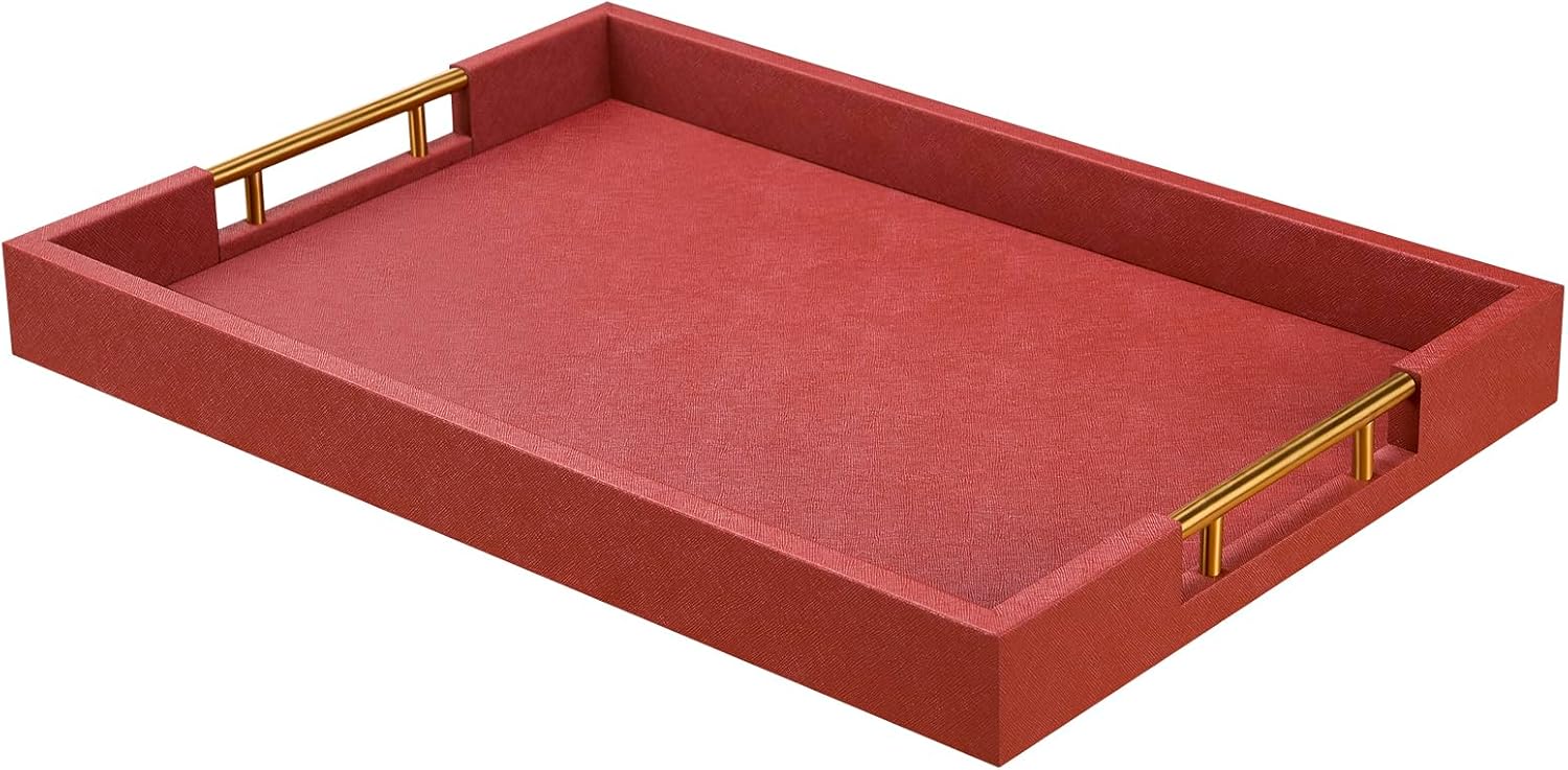 14x20 Inches Brown Faux Leather Wrapped Wood Serving Tray