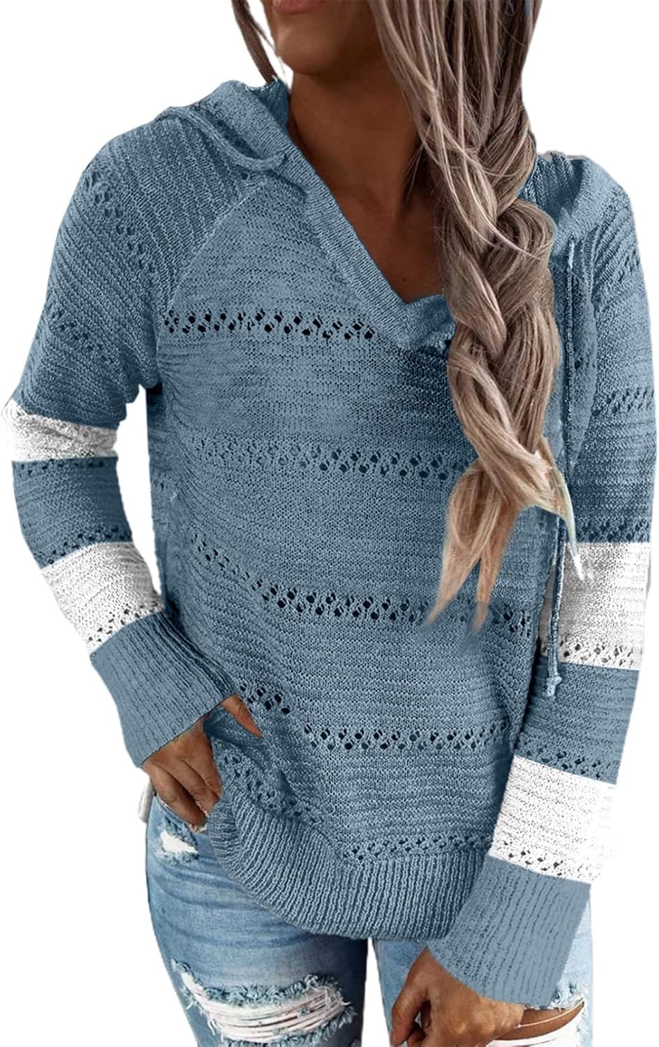 BLENCOT Women Color Block Hooded Crochet Striped Sweater