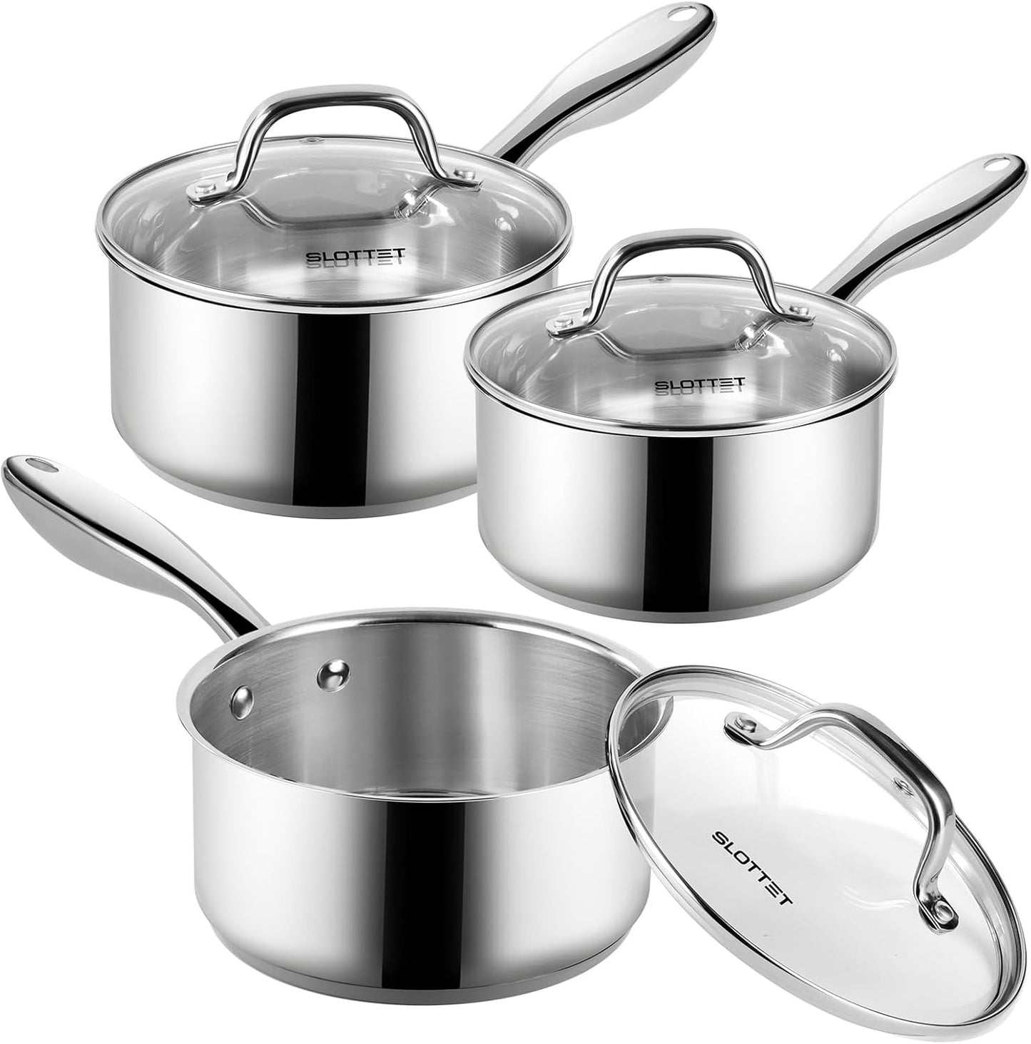 Stainless Steel Sauce Pan Set with Lid - 6 Pcs Non Stick Cookware