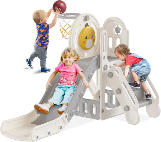 5 in 1 Toddler Slide with Basketball Hoop for Indoor Outdoor Fun