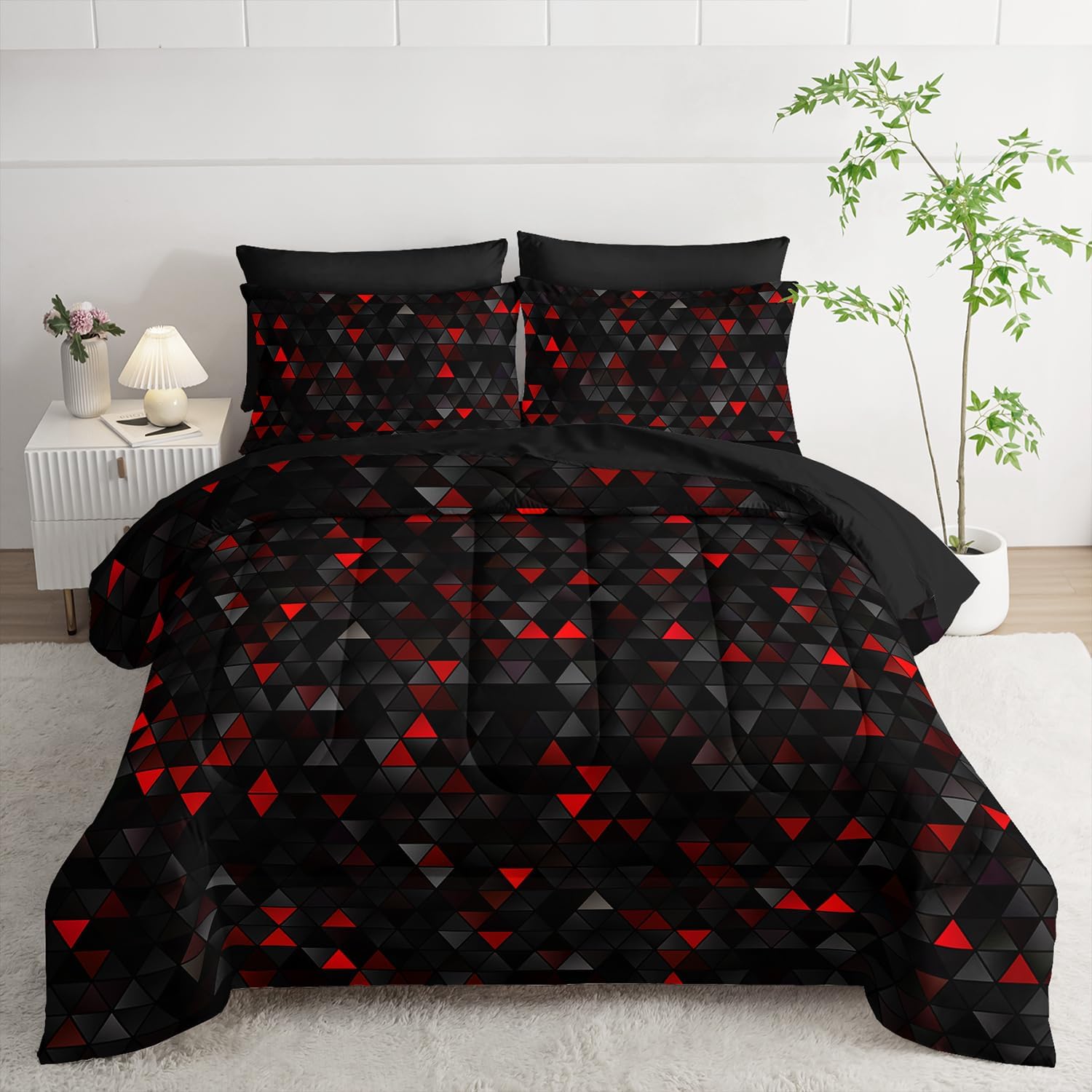 Geometric Red Black Triangle Twin Size Comforter Set for Kids