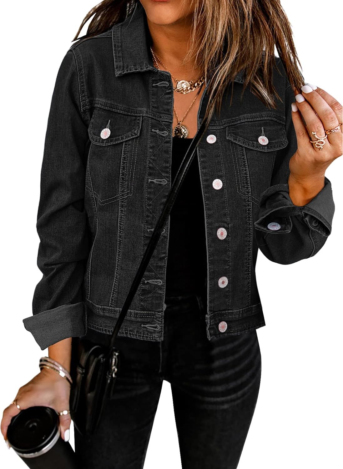 GRAPENT Women's Basic Button Down Long Sleeve Denim Jacket