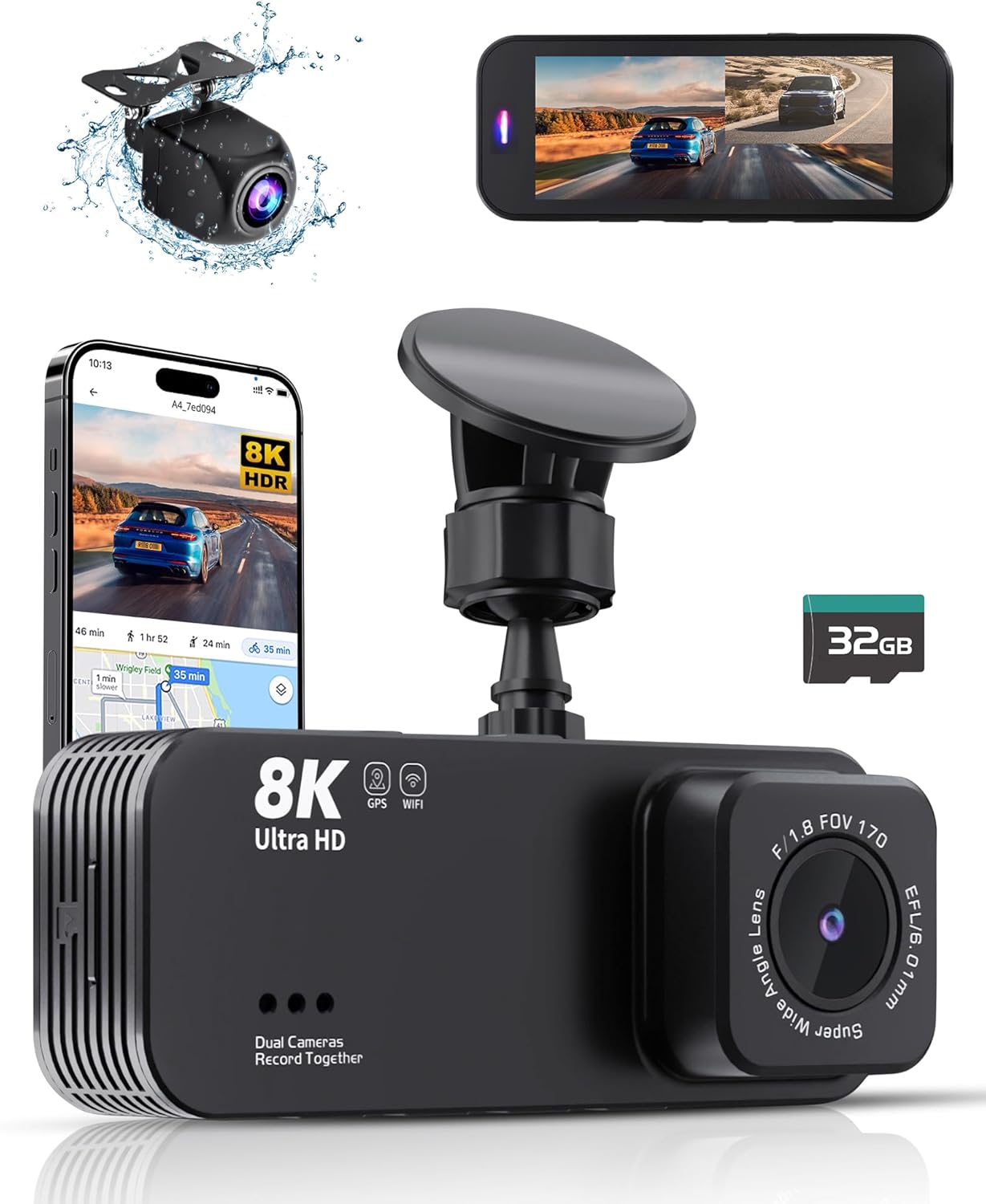8K Ultra HD Dash Cam Front and Rear with Wi-Fi & GPS Features