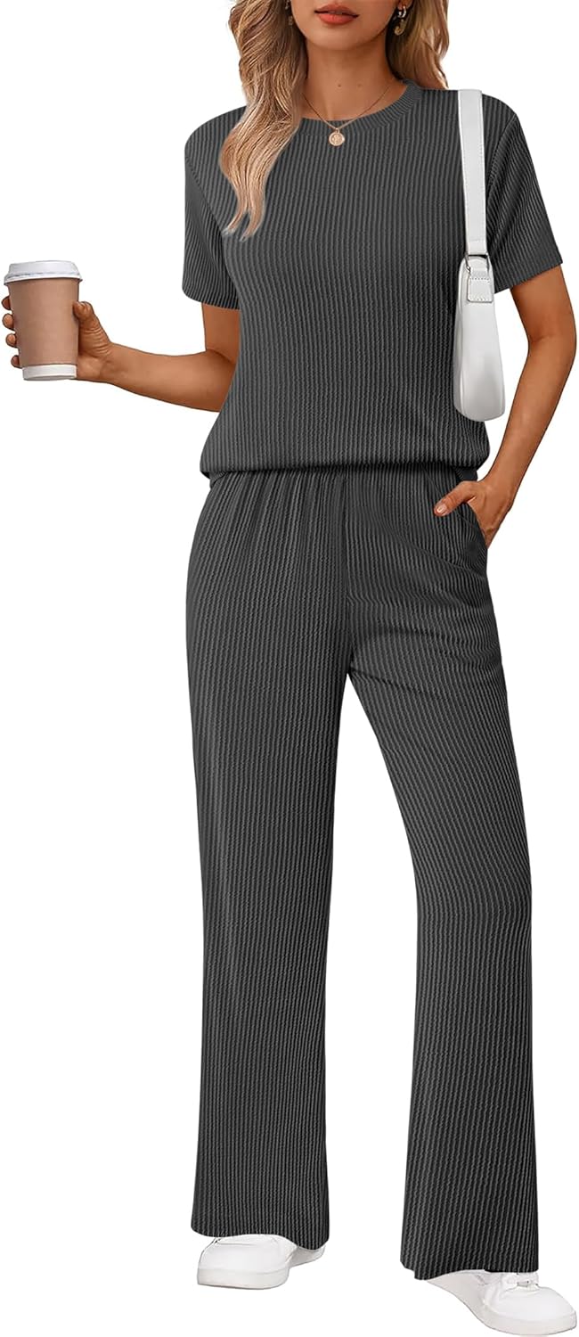 Ekouaer Lounge Set for Women: Soft Ribbed Knit Pajamas with Pockets