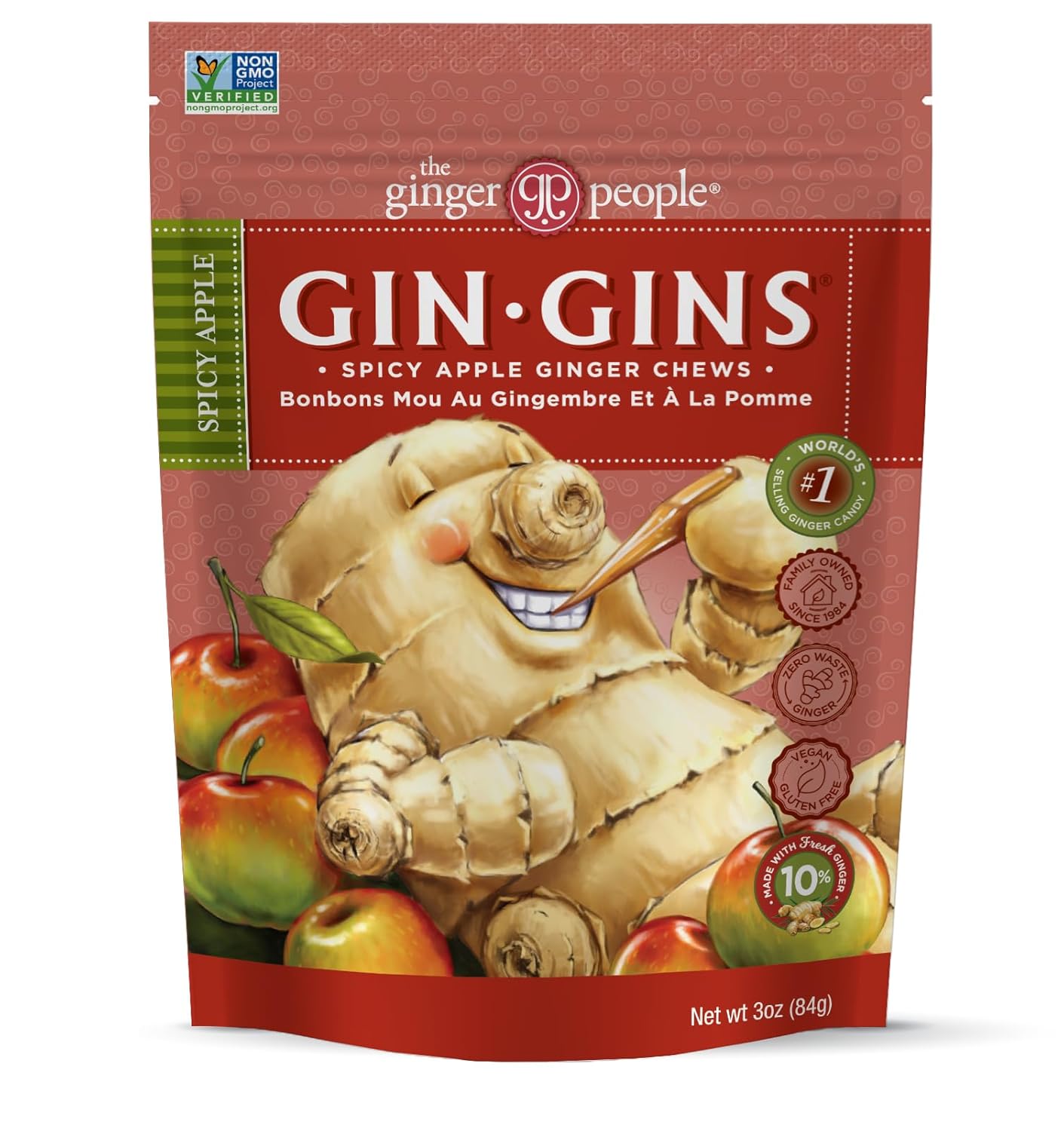 GIN GINS Spicy Apple Ginger Chews - 100% Natural Candy Treats
