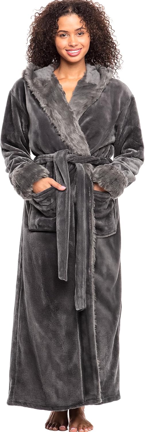 Faux Fur Hooded Robe for Women - Soft Plush Fleece Comfort