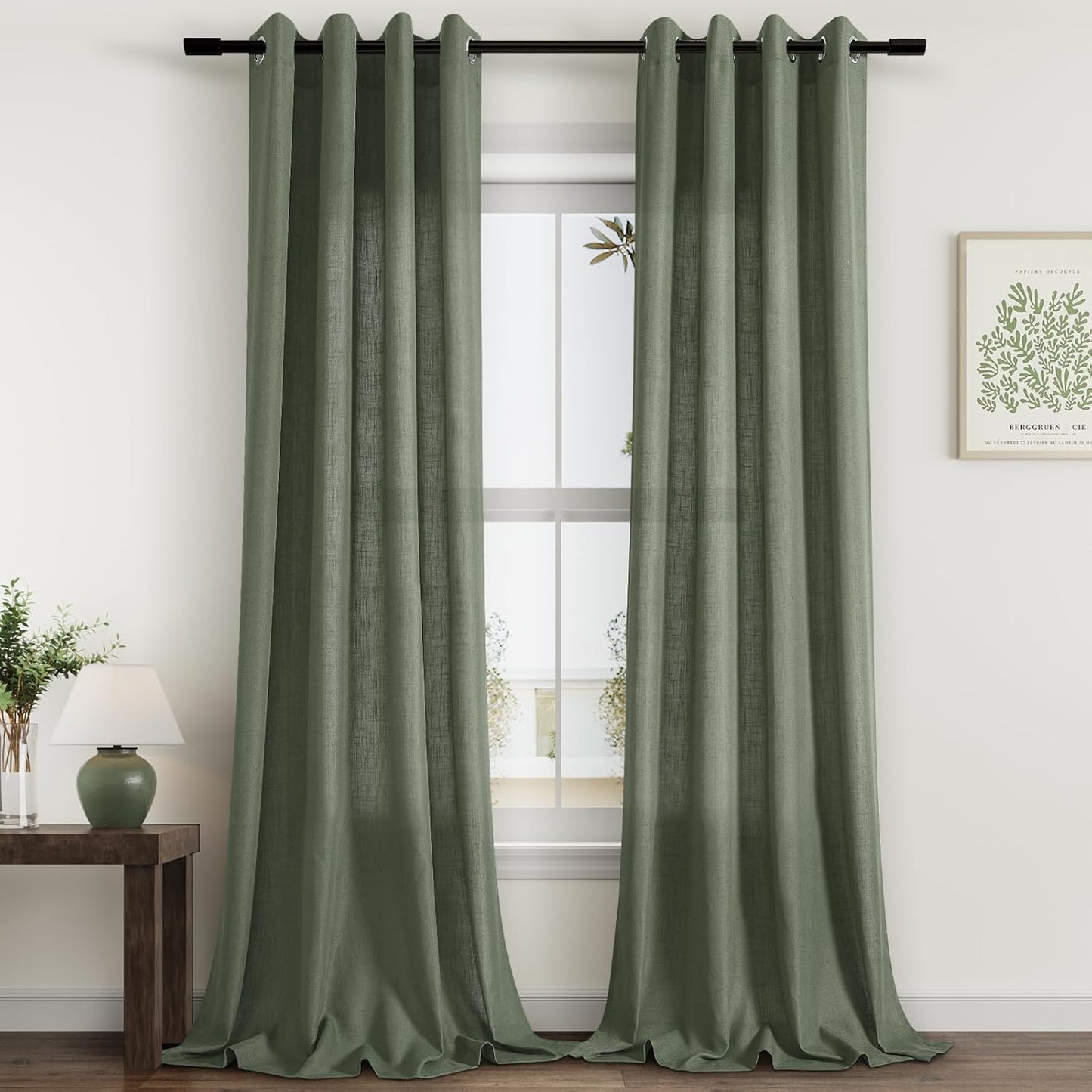 Olive Green 96 Inch Linen Curtains for Living Room Decor