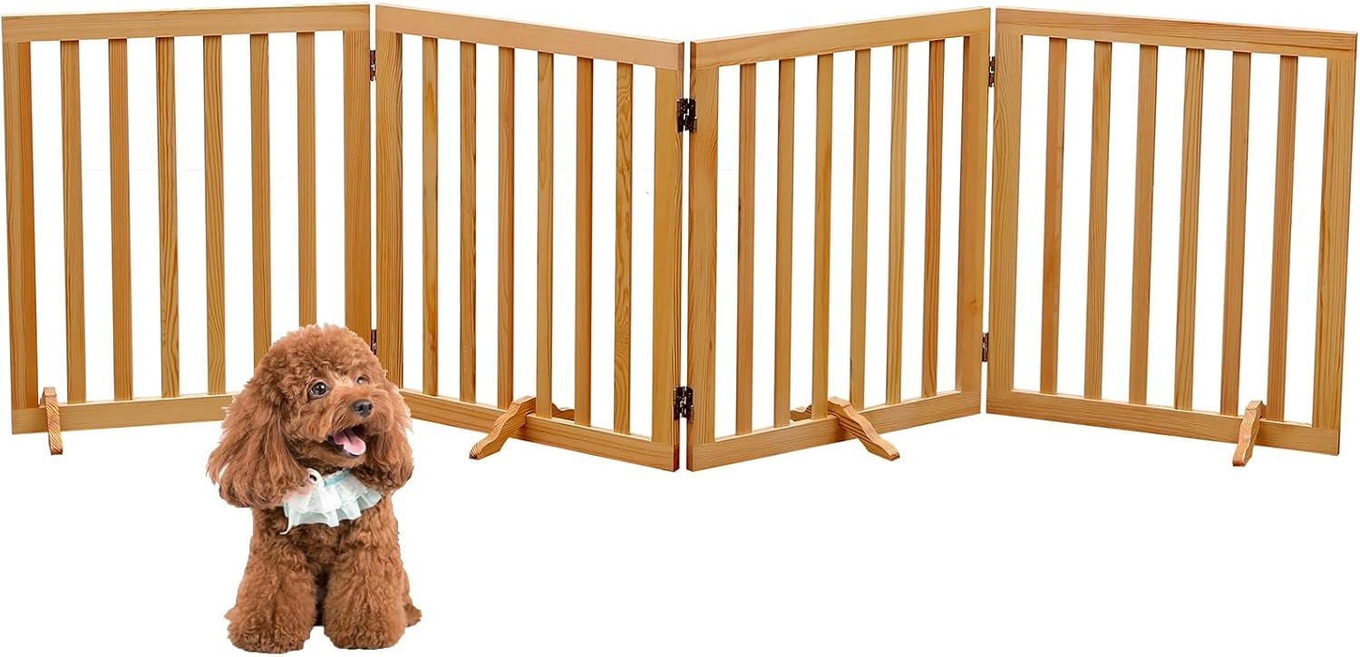 Wooden Dog Gate 4-Panel Freestanding Pet Fence for Home Use