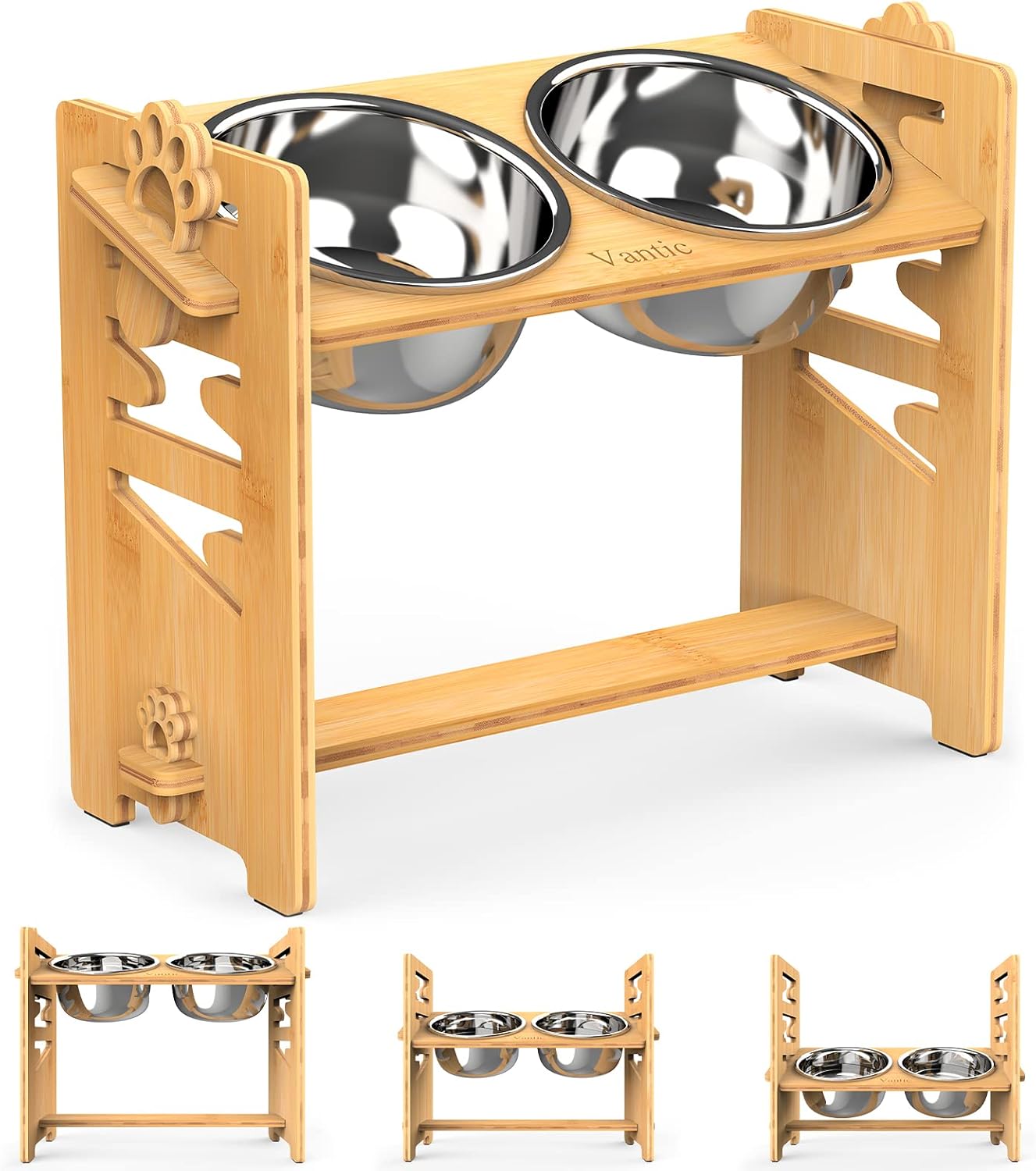 Vantic Elevated Dog Bowls for Large Pets - Adjustable Bamboo Feeder