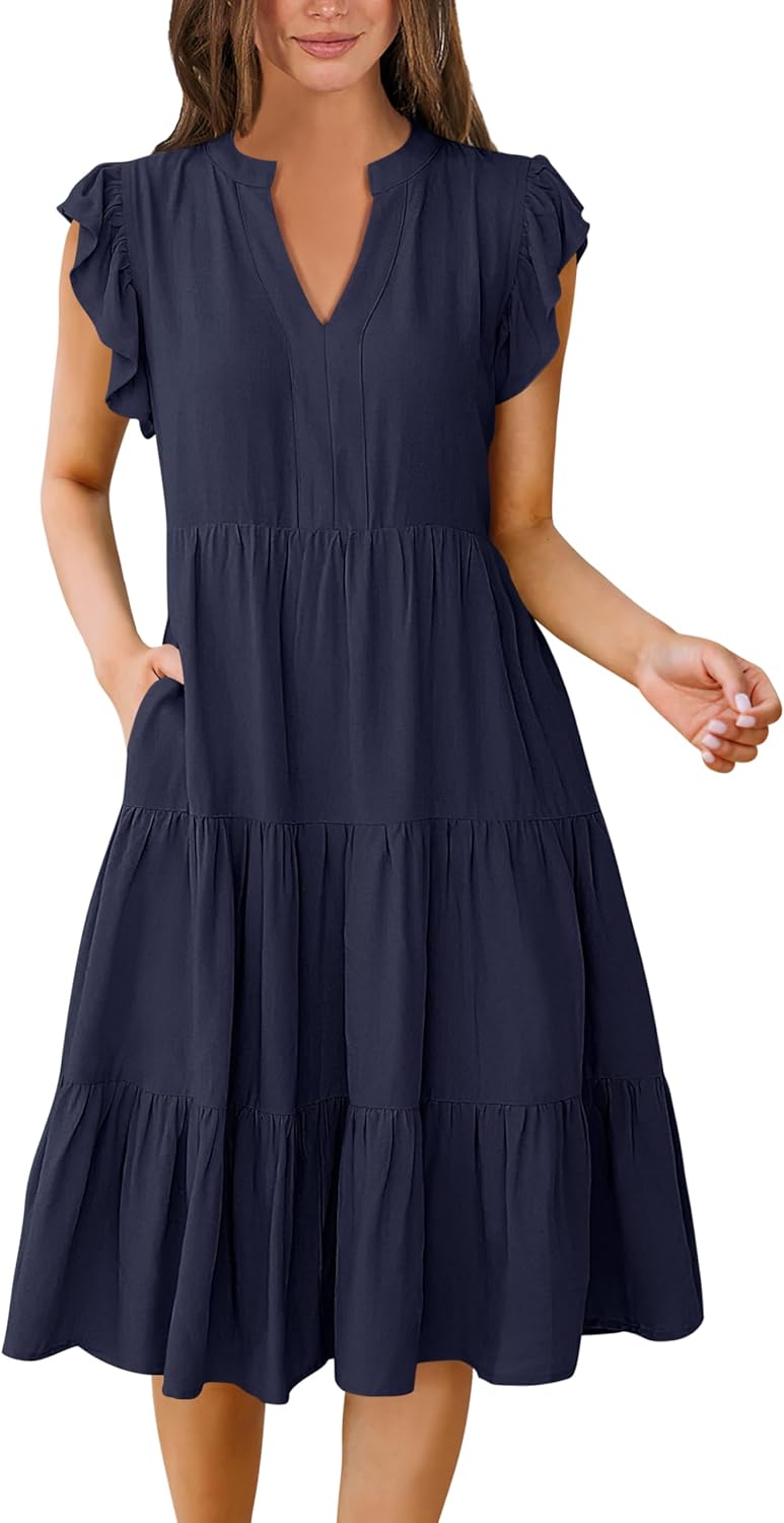 Womens Summer Dress Ruffle Sleeve V Neck Midi Casual Sundress