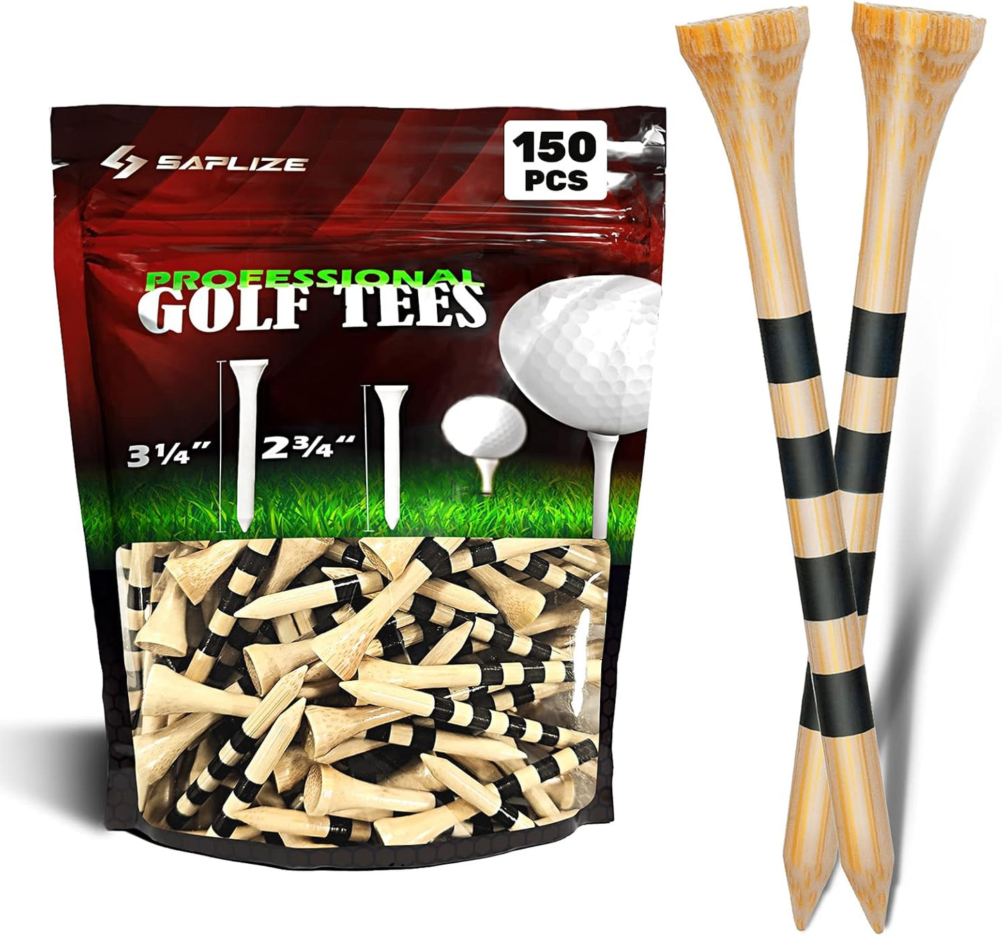 SAPLIZE Bamboo Golf Tees Pack - Stable & Reliable, 4 Sizes, Natural/White