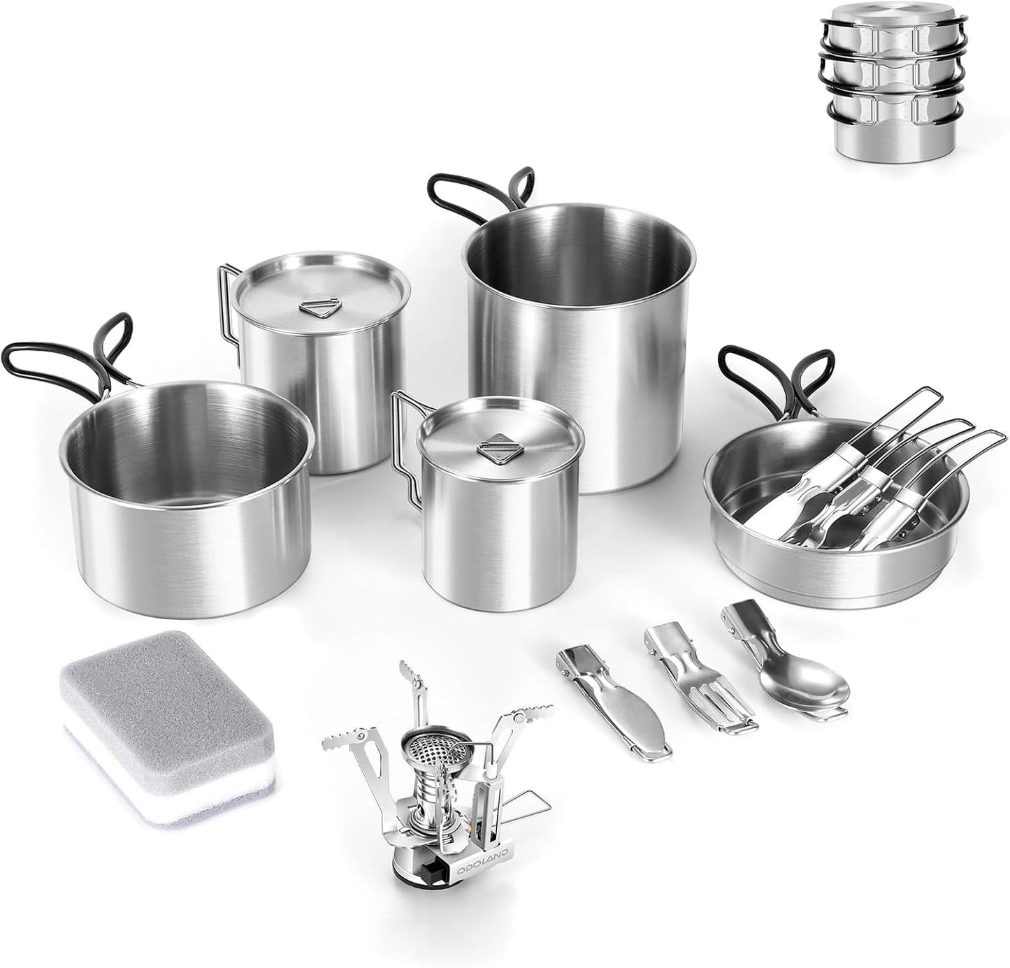 Odoland Stainless Steel Camping Cookware Set - Compact & Complete