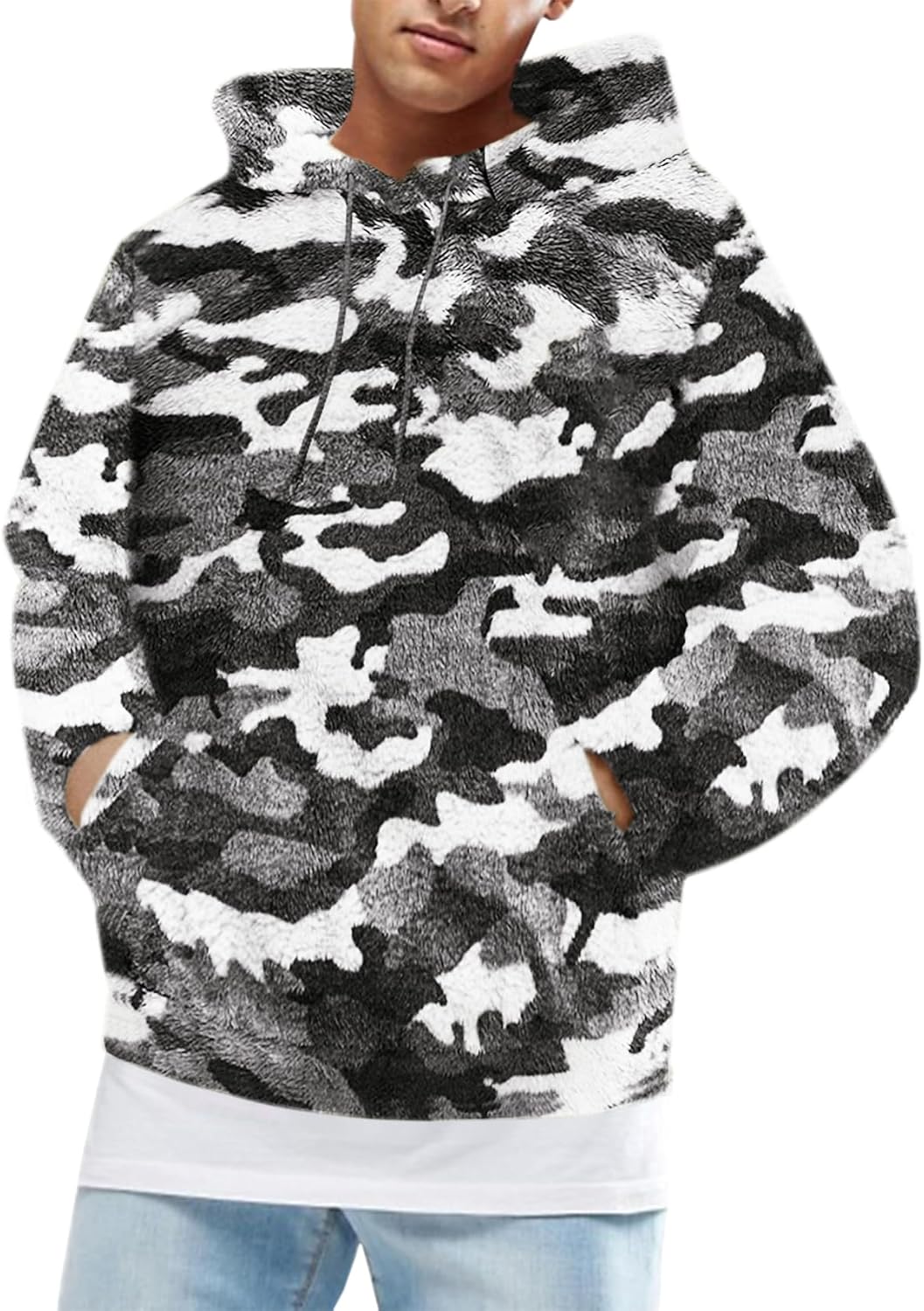 Runcati Mens Fuzzy Sherpa Pullover Hoodie for Winter Style