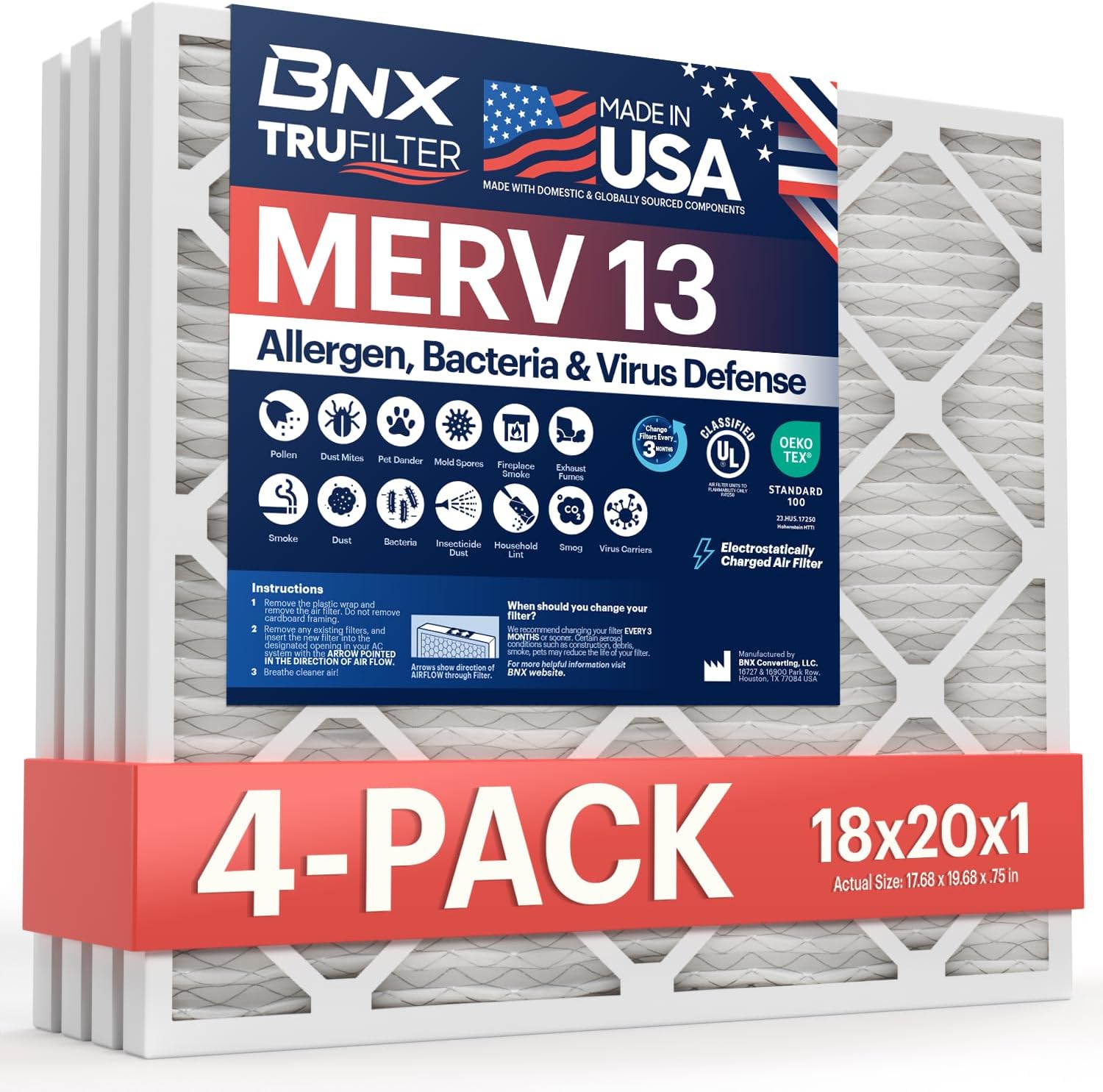 BNX TruFilter 18x20x1 MERV 13 Air Filter for Cleaner Air