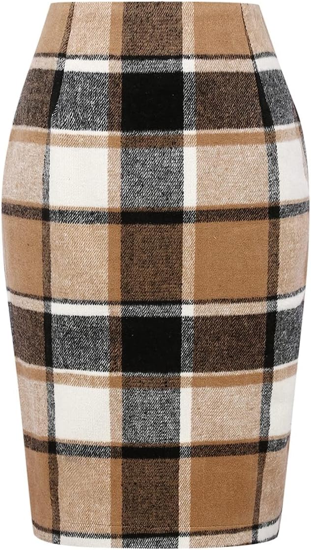 Plaid Skirts for Women Fall Winter Knee Length Pencil Wool Skirt