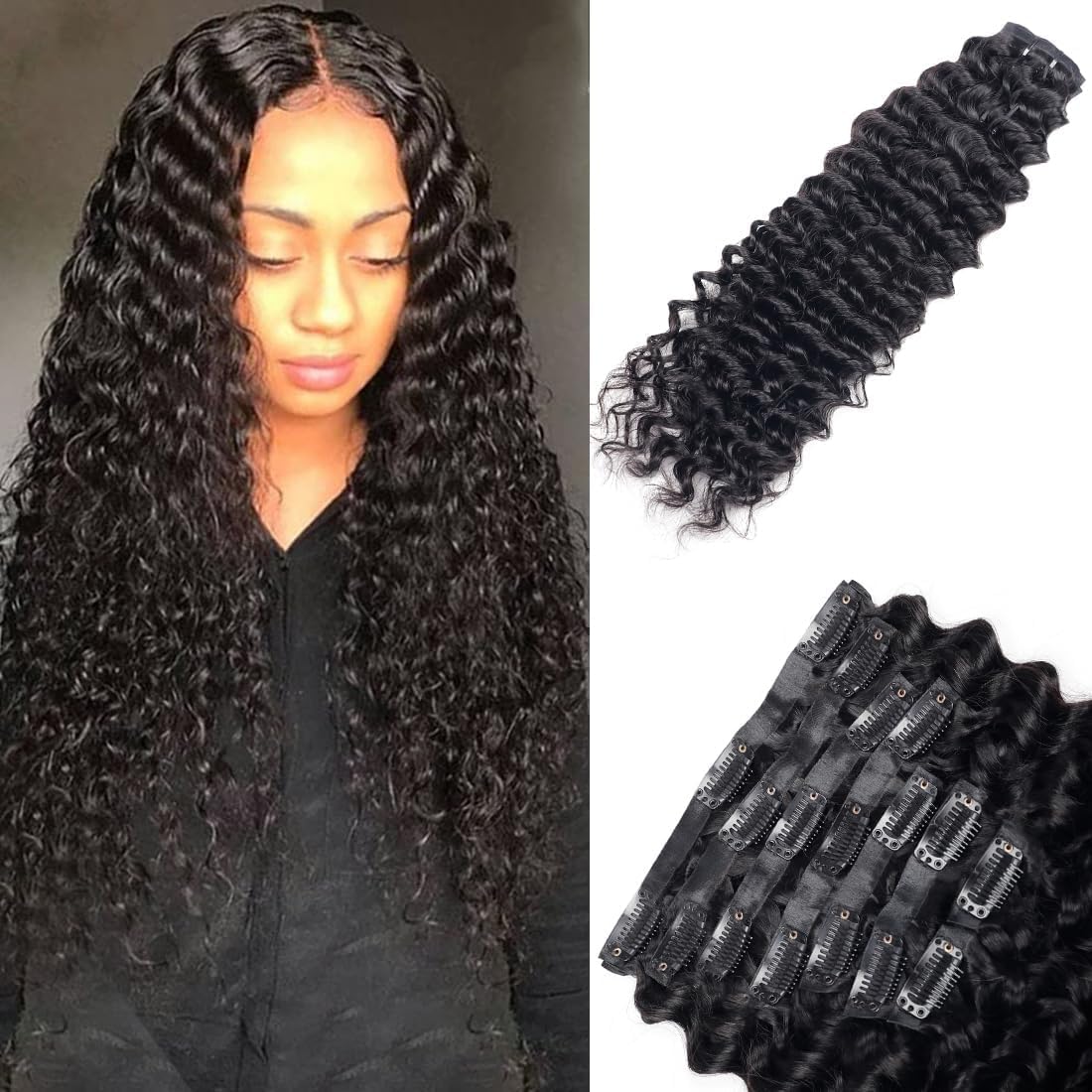 Seamless Clip in Hair Extensions for Black Women - 20in Deep Wave