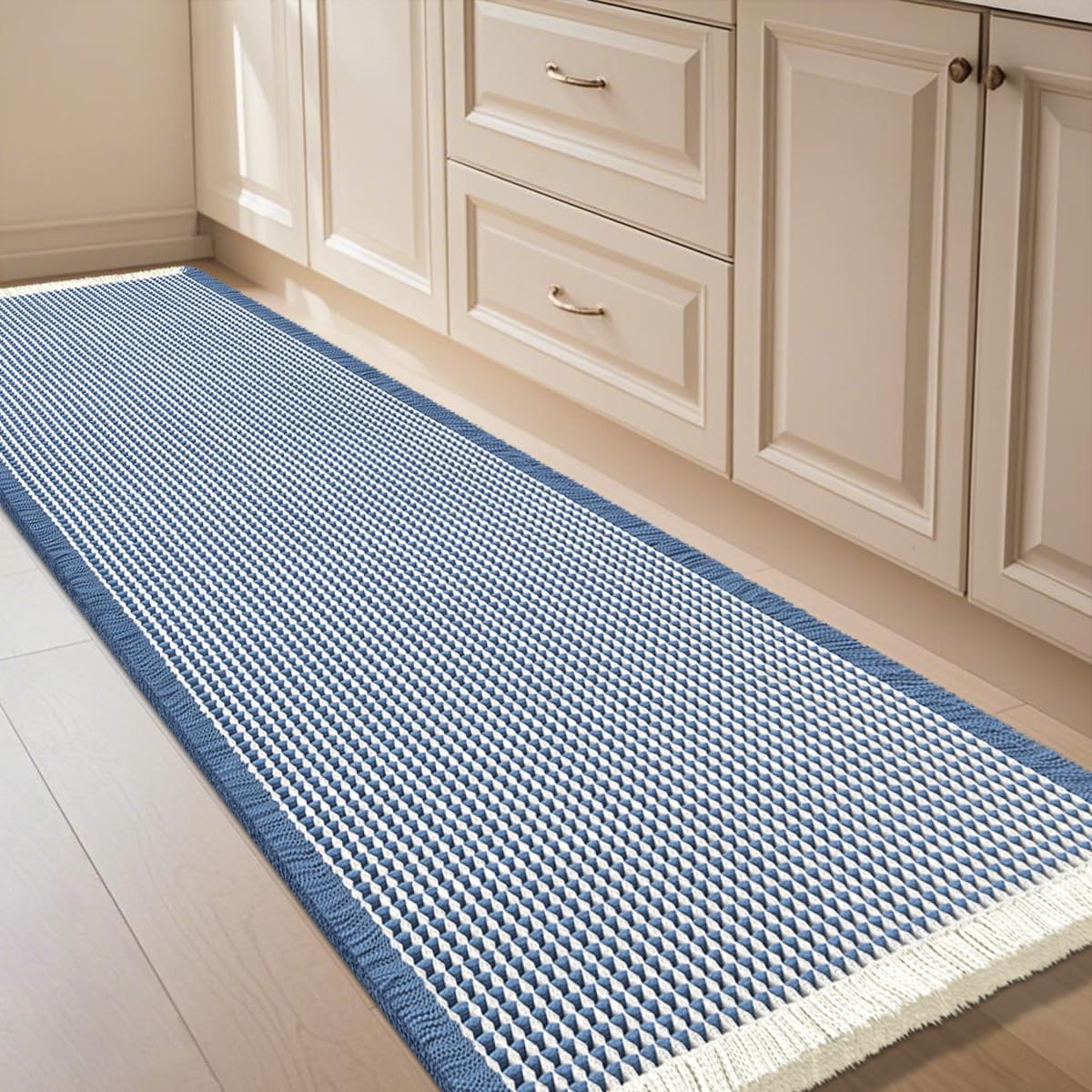 Waffle Bath Mat Blue & Cream 4ftx2ft - Soft Non Slip Rugs