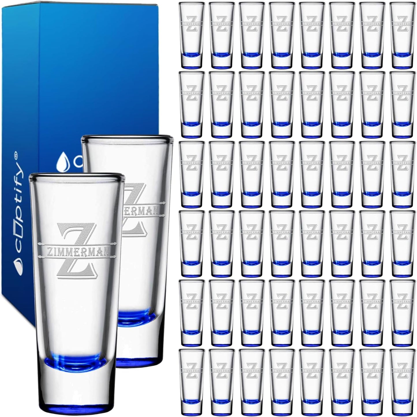 Personalized Shot Glasses Set of 50 with Elegant Blue Bottom