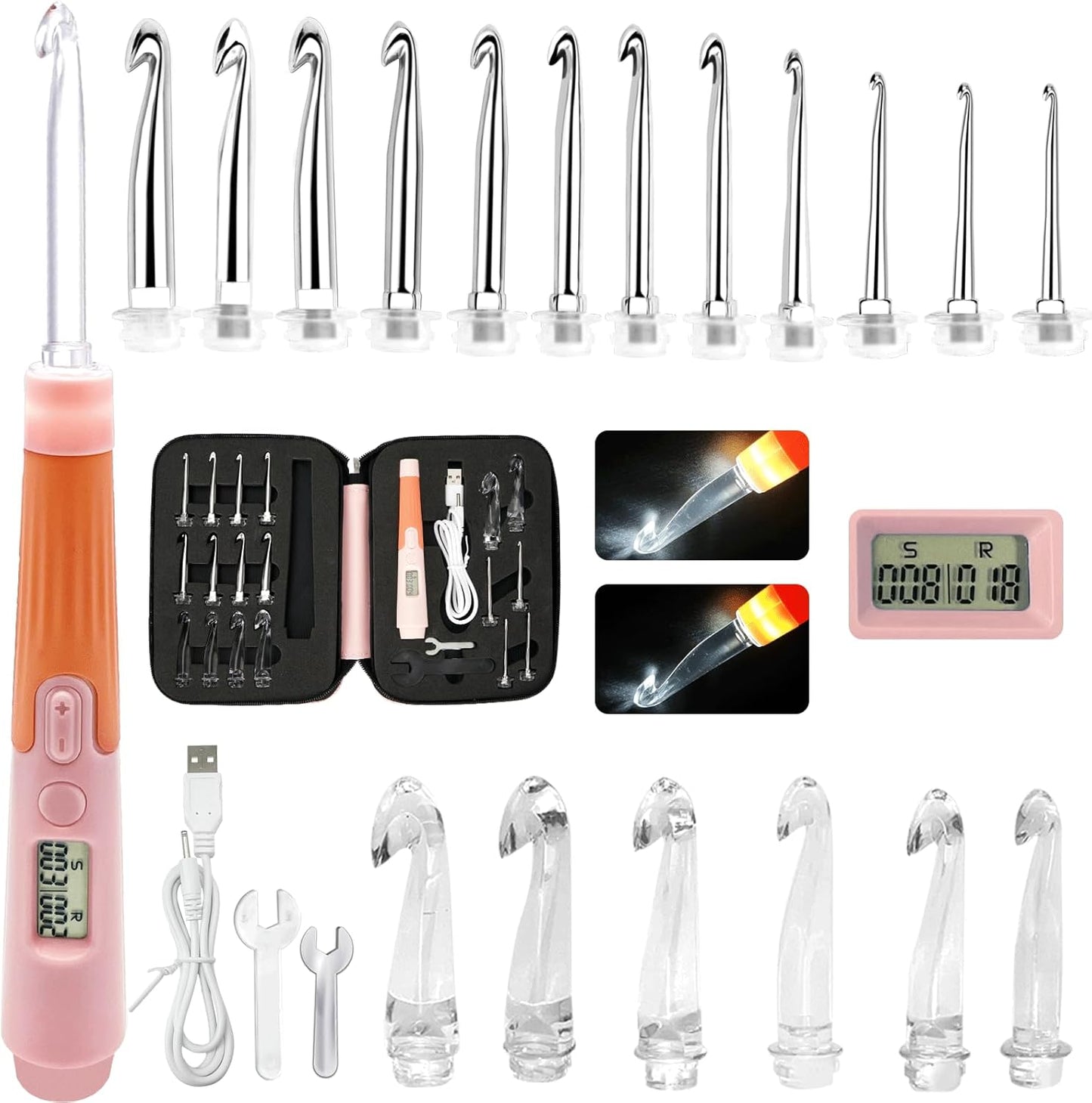 Light Up Crochet Hooks Set with Stitch Counter - 18 Sizes