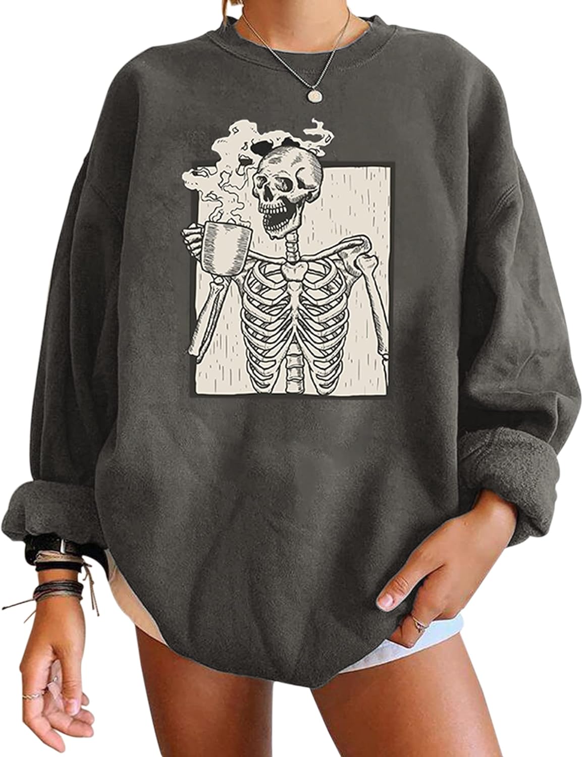 Meladyan Halloween Skull Graphic Print Oversized Sweatshirt