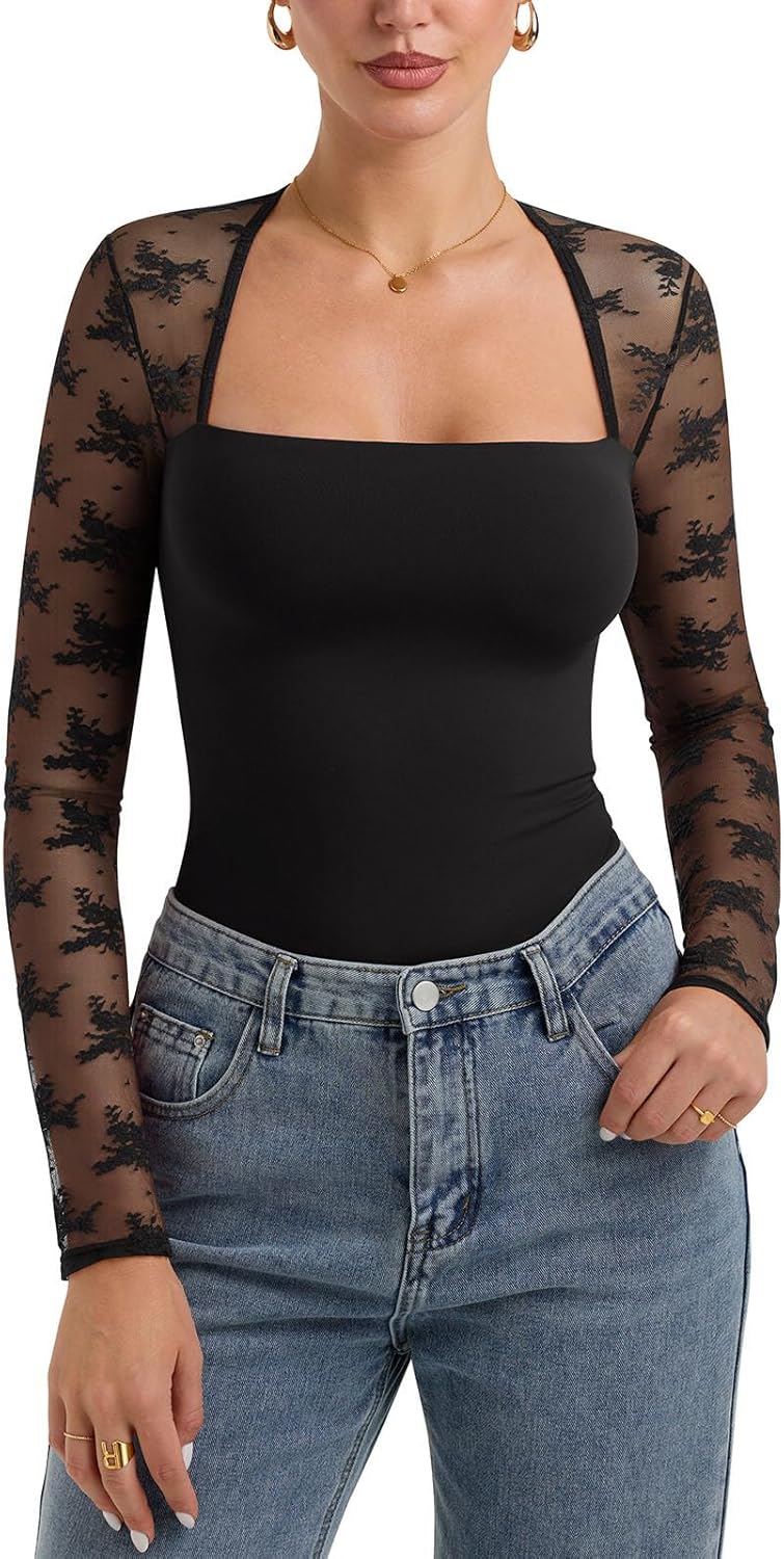 PINKMSTYLE Women Sexy Square Neck Lace Long Sleeve Tops