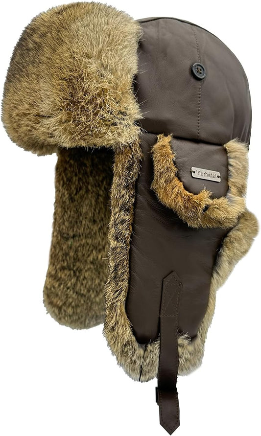 100% Real Rabbit Fur Winter Trapper Hat for Men and Women