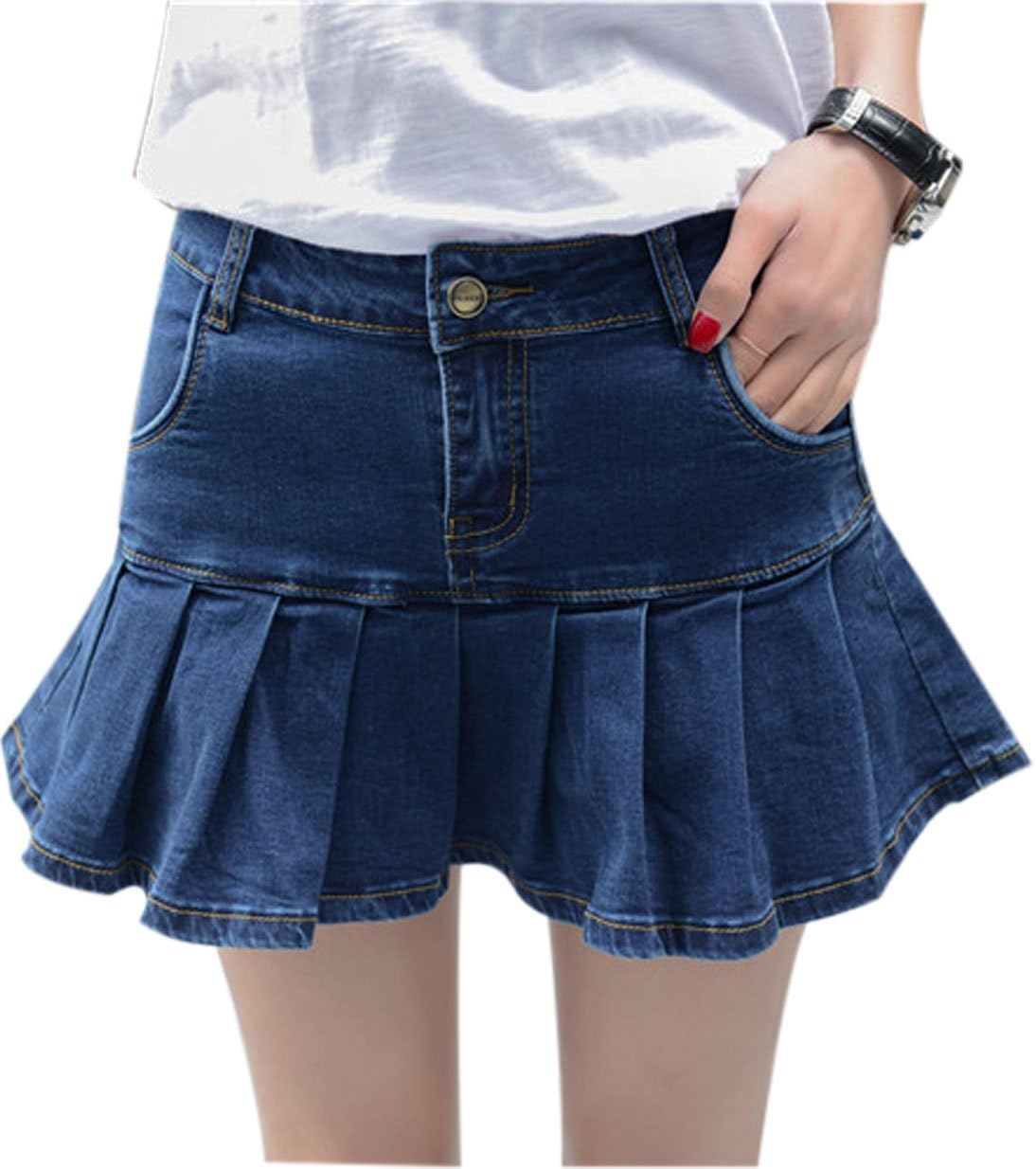 Yeokou Women's Casual Slim A-line Pleated Ruffle Denim Skirt