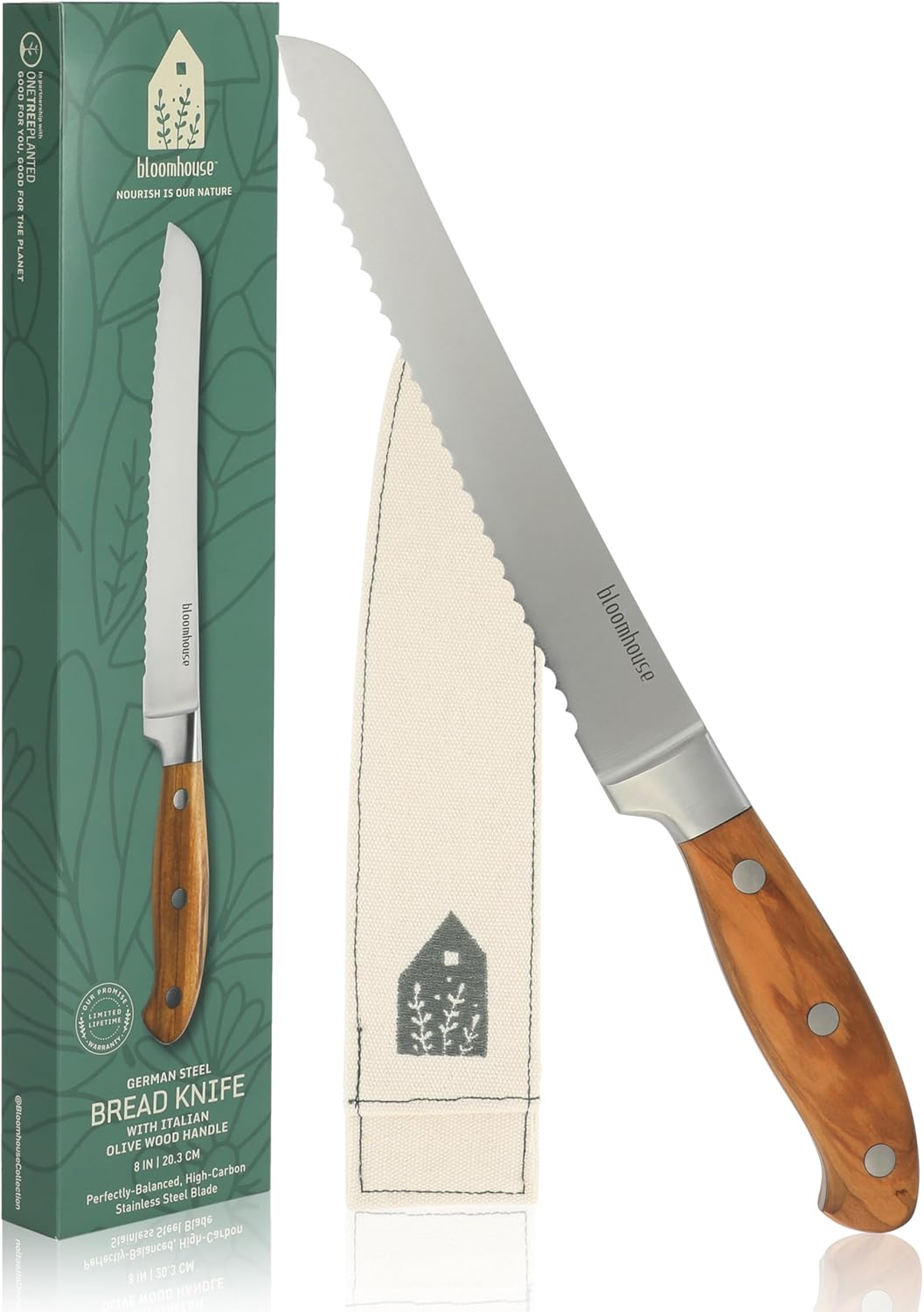 Bloomhouse 8 Inch German Steel Bread Knife with Olive Wood Handle