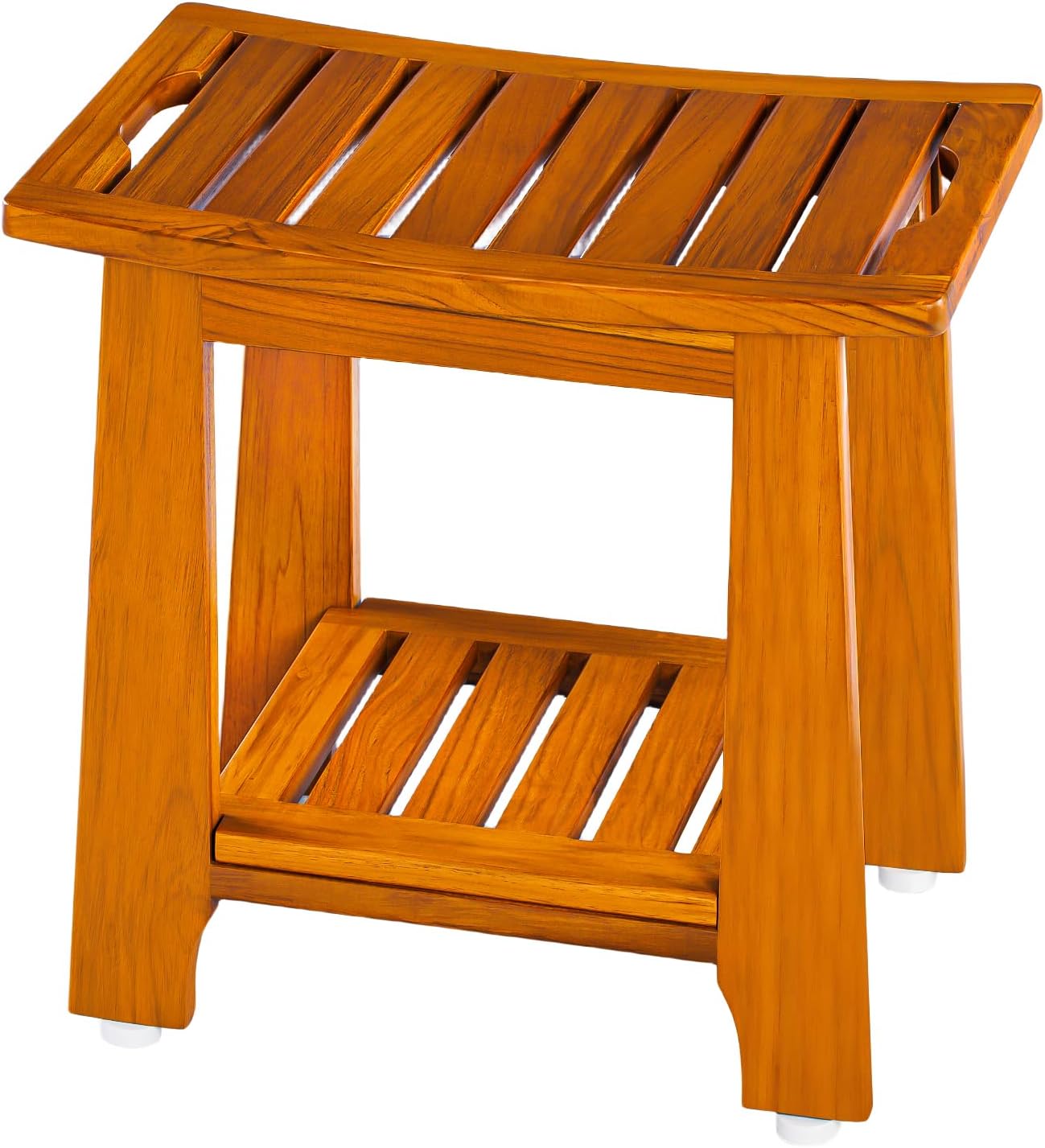 14 Inch Compact Teak Shower Stool with Shelf & Handle for Safety