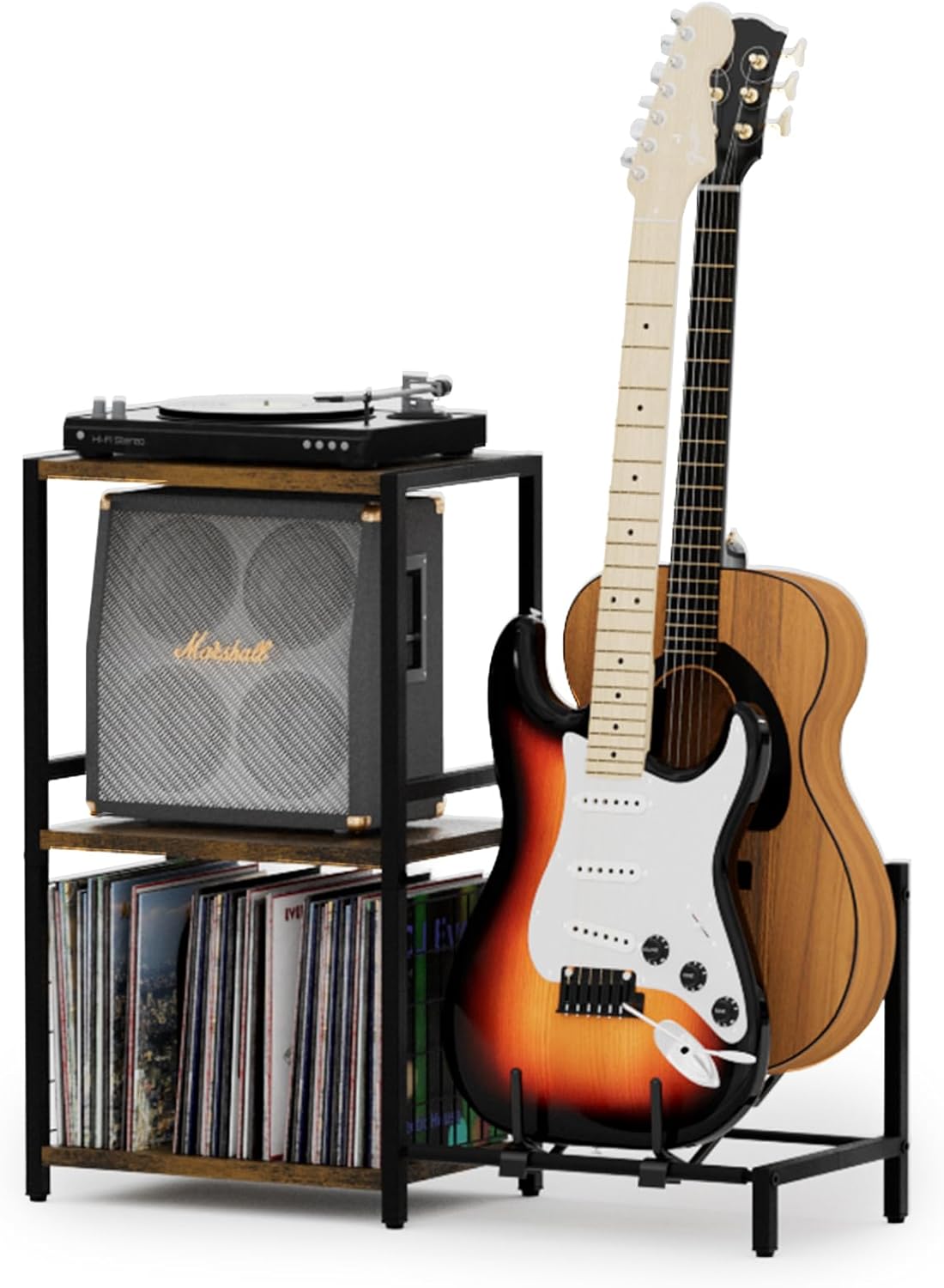 Multifunction End Table with Guitar Stand and Vinyl Storage