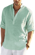 Cotton Linen Henley T-Shirt Long Sleeve - Lightweight Breathable Fit