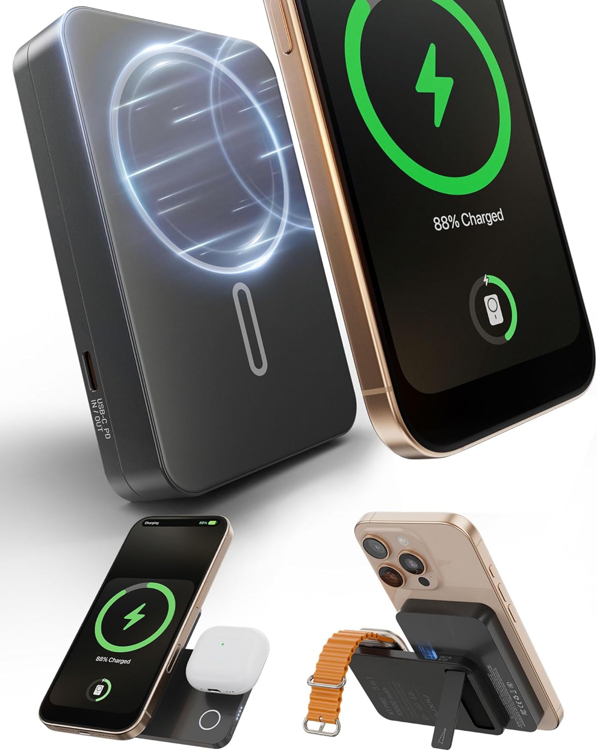 Mag-Safe 3 in 1 Portable Charger for iPhone, Apple Watch, AirPods