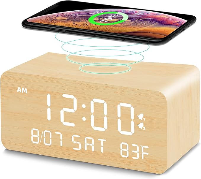 Andoolex Wooden Digital Alarm Clock with Wireless Charging