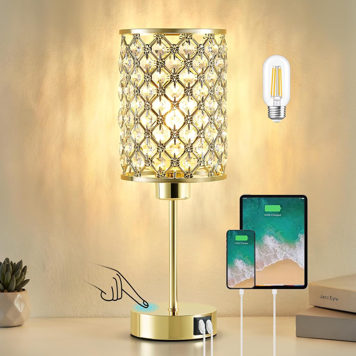 Crystal Table Lamp with USB Ports - 3 Way Dimmable Touch Lamp