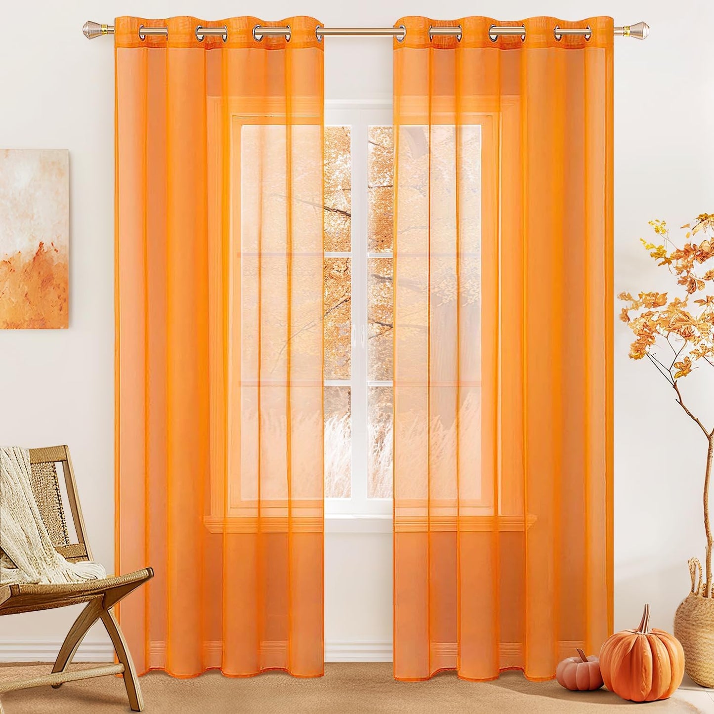 MIULEE Orange Sheer Curtains 54 x 63 - Elegant Fall Vibes