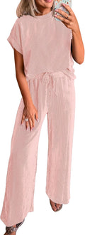 Two Piece Lounge Set Women Ribbed Knit Short Sleeve Top and Wide Leg