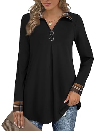 Bebonnie Womens Long Sleeve Casual Tunic Blouse with Buttons
