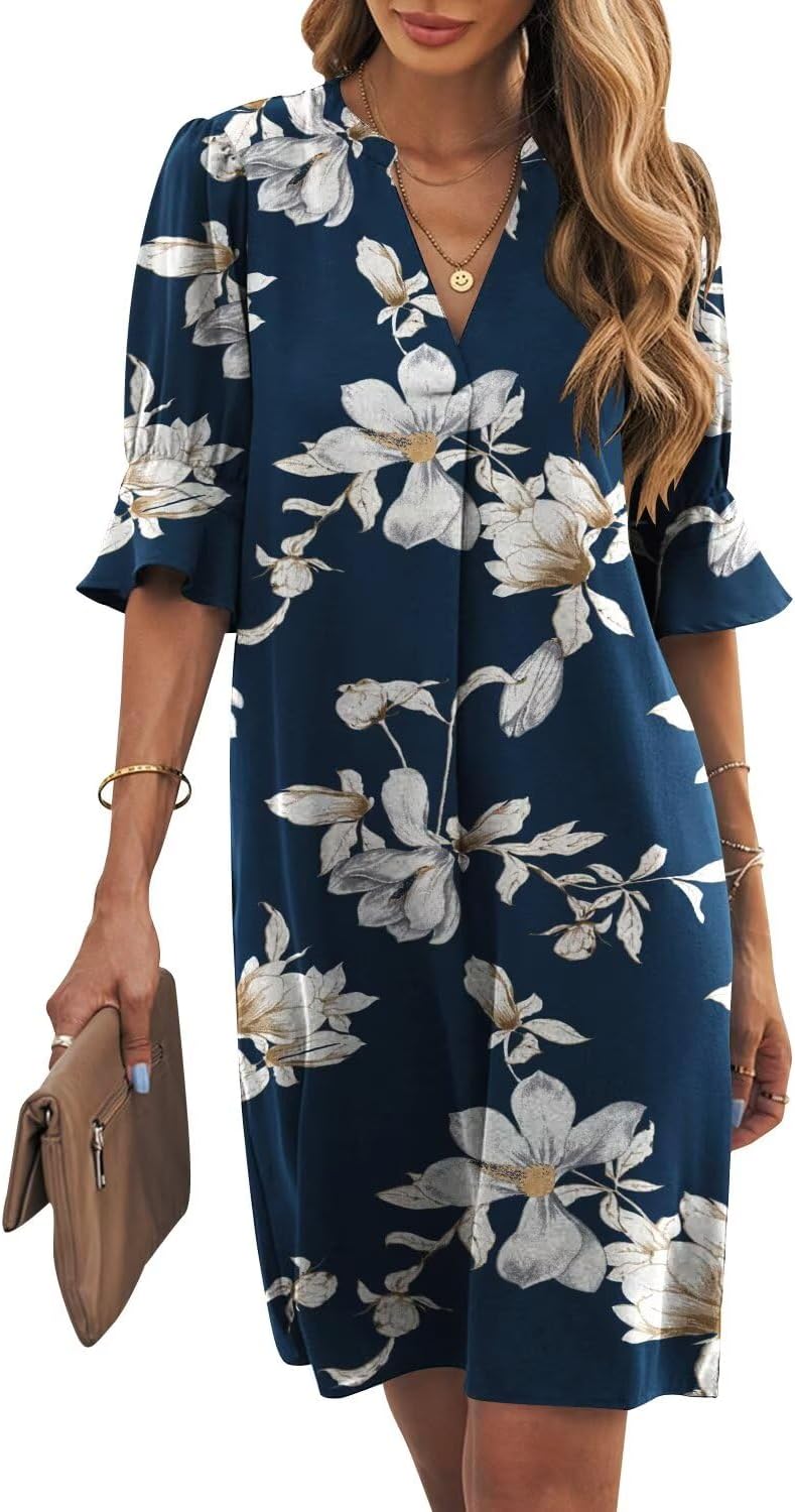 Wkior Shift Dress for Women V Neck Short Sleeves Casual Style