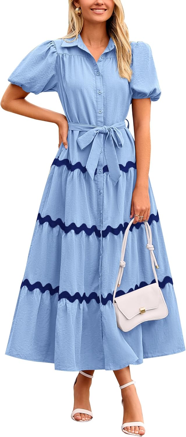 PRETTYGARDEN Womens Summer Maxi Button Down Ruffle Dress