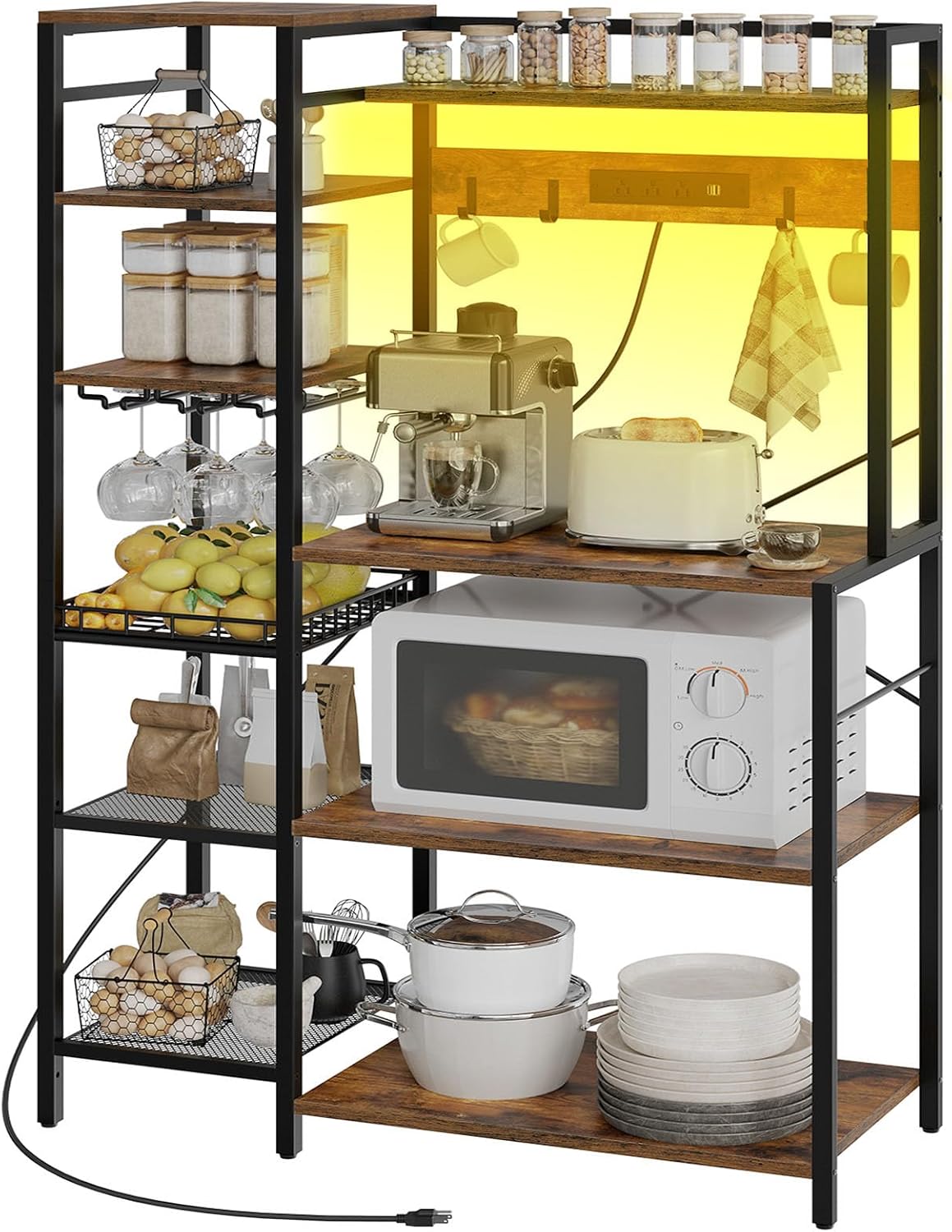 HOOBRO Bakers Rack with Power Outlet - Kitchen Organizer with Storage & Goblet Holder