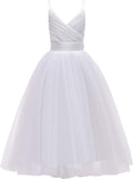 Flower Girls White Tulle Spaghetti Strap Dress - Long A Line
