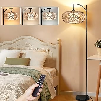 QIYIZM Boho Floor Lamp with Remote Dimmable Arc Design