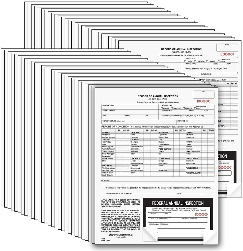 Record of Annual Inspection Form 50-Pack for DOT Compliance
