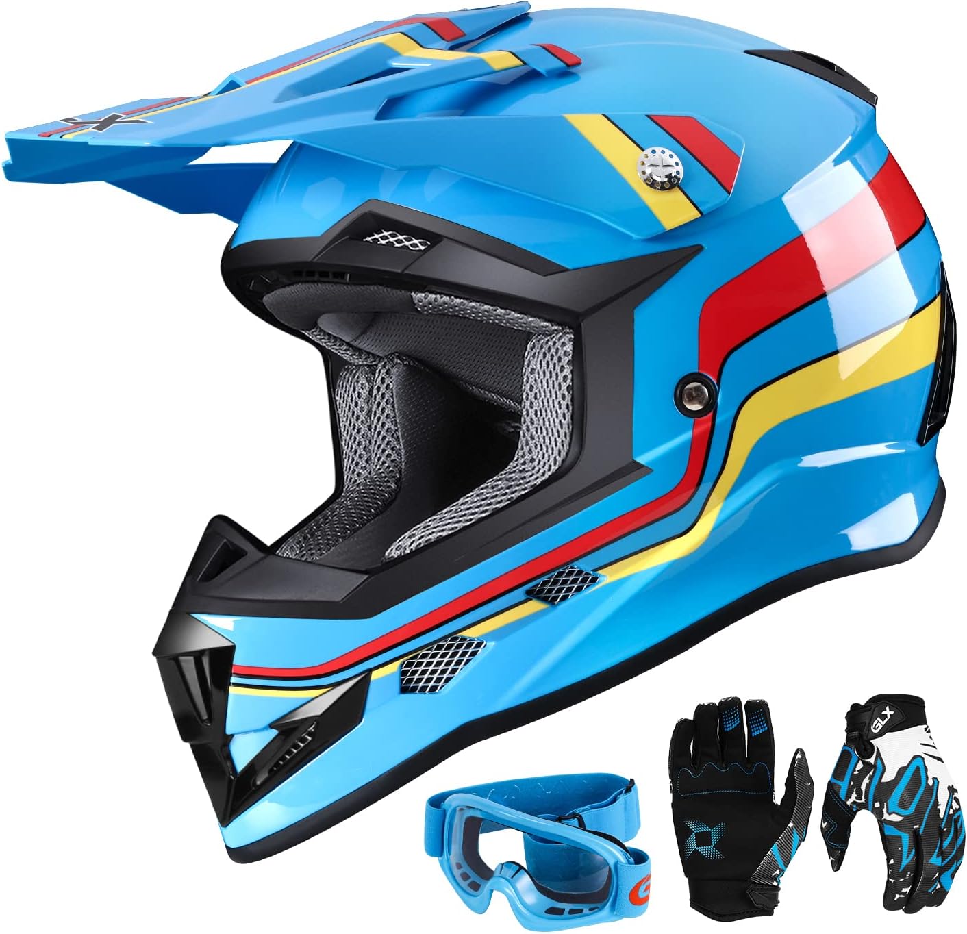 GLX GX623 Youth ATV/Dirt Bike Helmet Combo - Retro Blue Safety