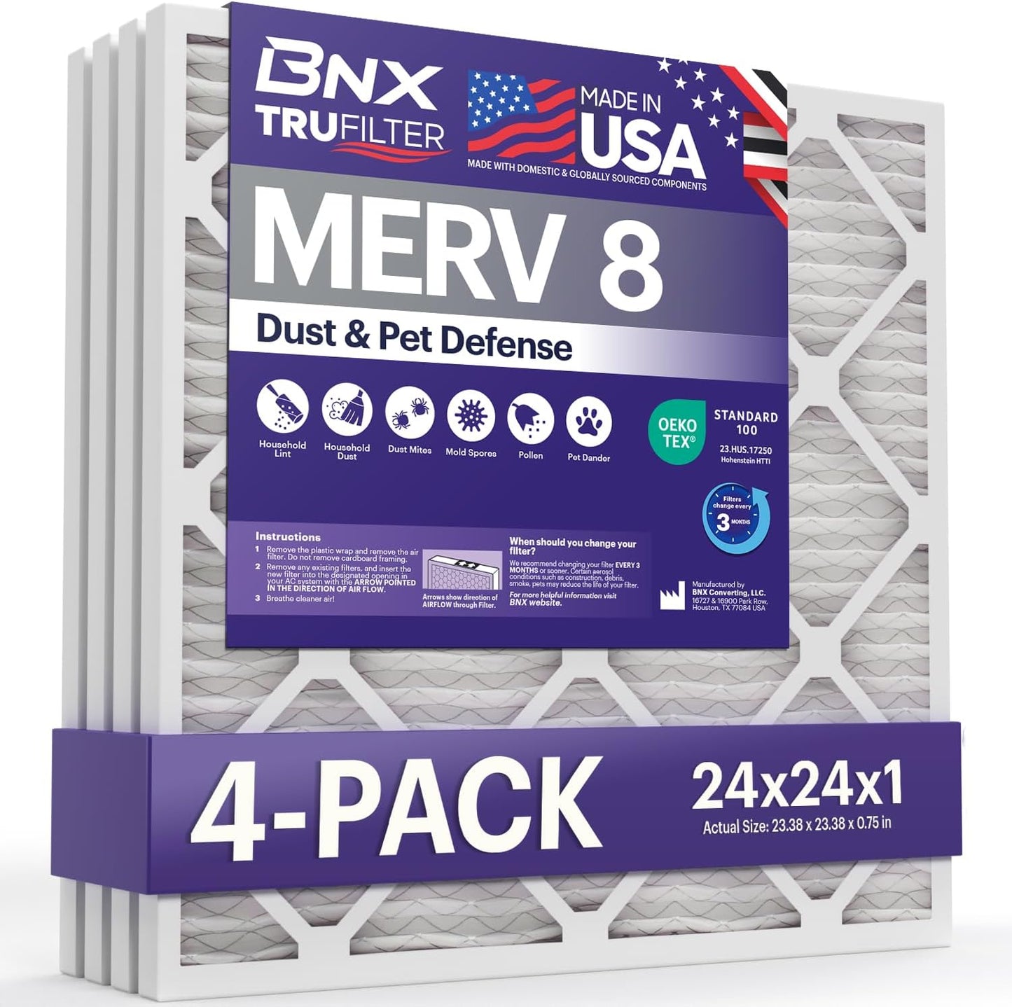 BNX TruFilter 24x24x1 Air Filter MERV 8 for Cleaner Air