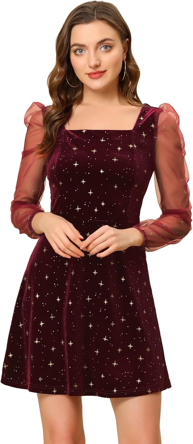 Allegra K Sparkly Glitter Velvet Mesh Sheer Sleeve Dress