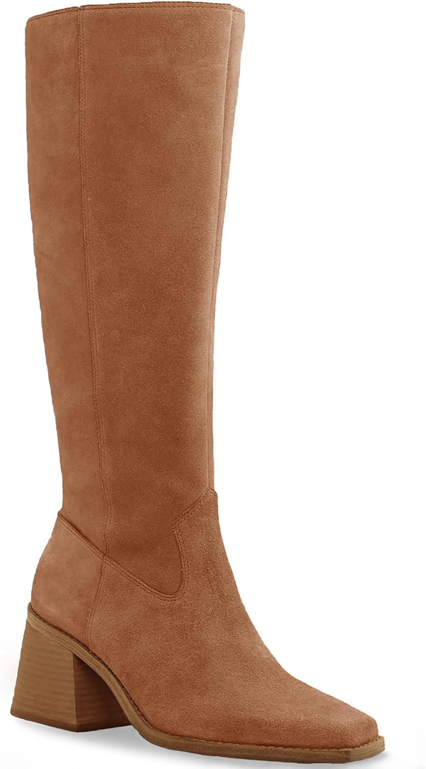 Coutgo Women's Knee High Boots for Wide Calf with Chunky Heel