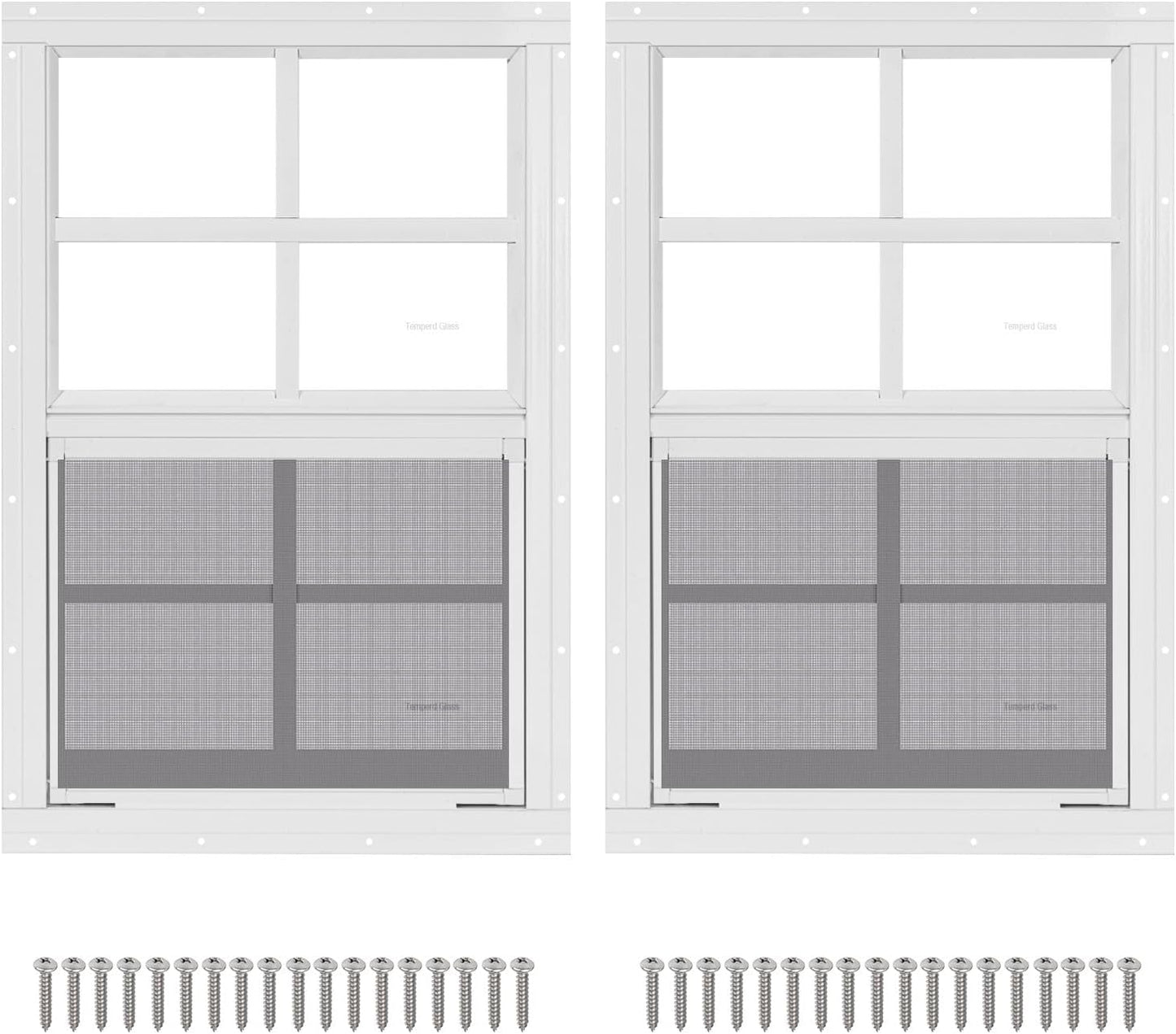 2 Pack 14 x 21 White Shed Windows with Tempered Glass and Screen