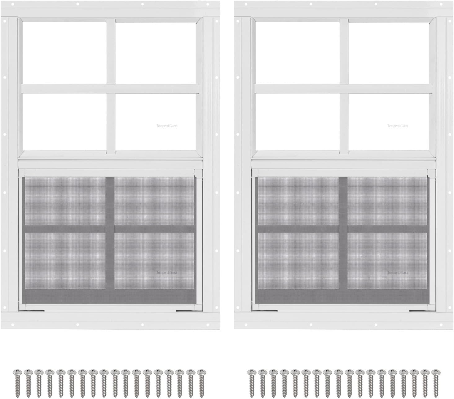 2 Pack 14 x 21 White Shed Windows with Tempered Glass and Screen